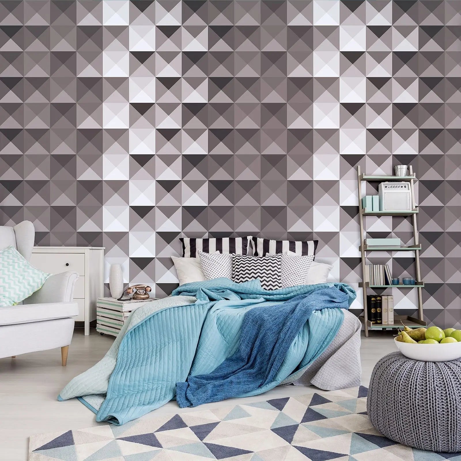 Billede 7 af Fototapet - Gråt geometrisk mønster af kvadratiske trekanter