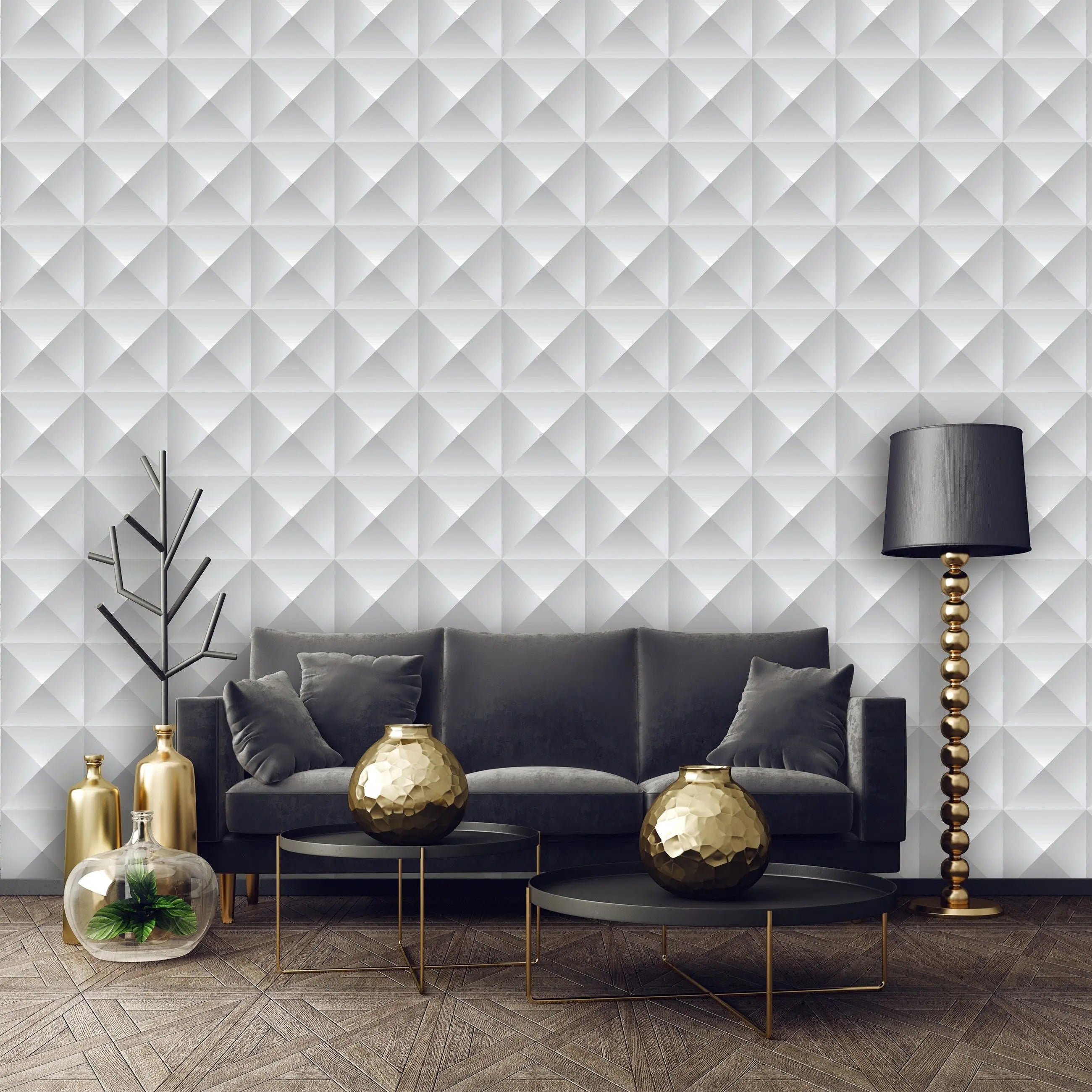 Billede 14 af Fototapet - Gråt geometrisk mønster med pyramideformede felter