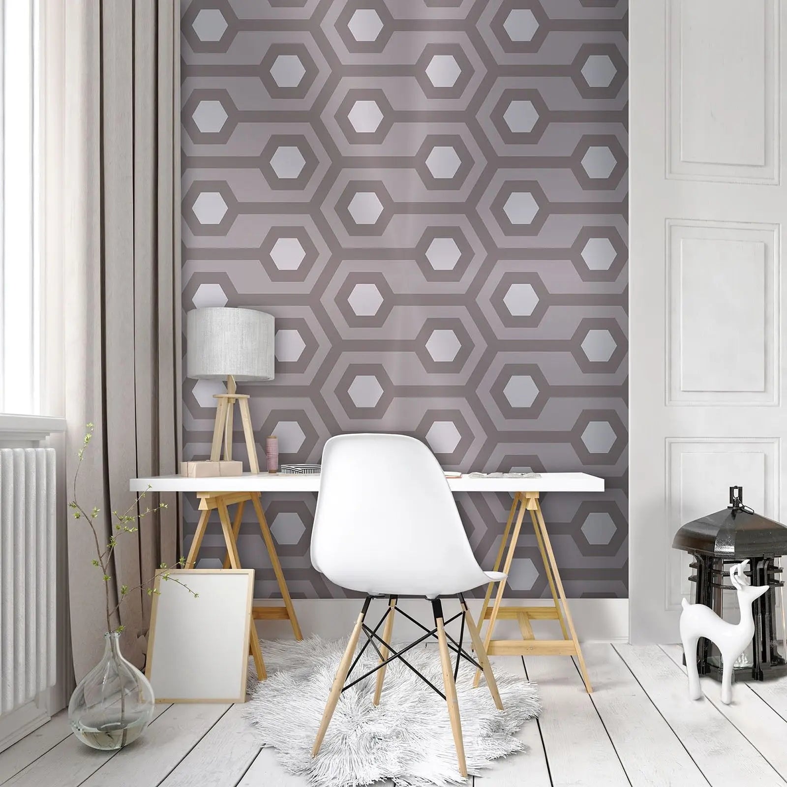 Billede 10 af Fototapet - Gråt geometrisk mønster med sekskanter og linjer