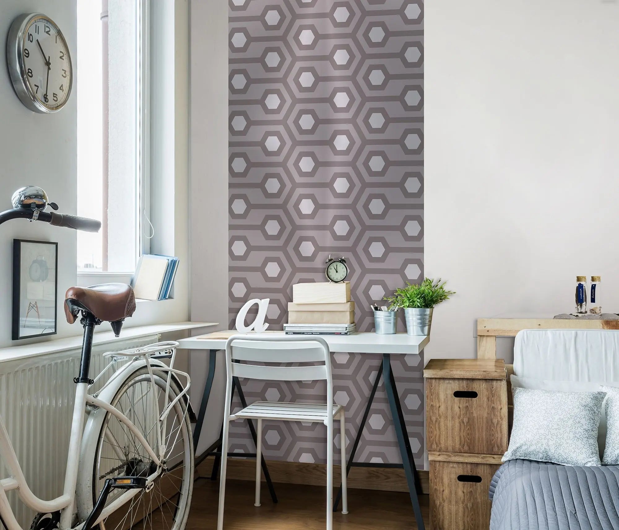 Billede 5 af Fototapet - Gråt geometrisk mønster med sekskanter og linjer