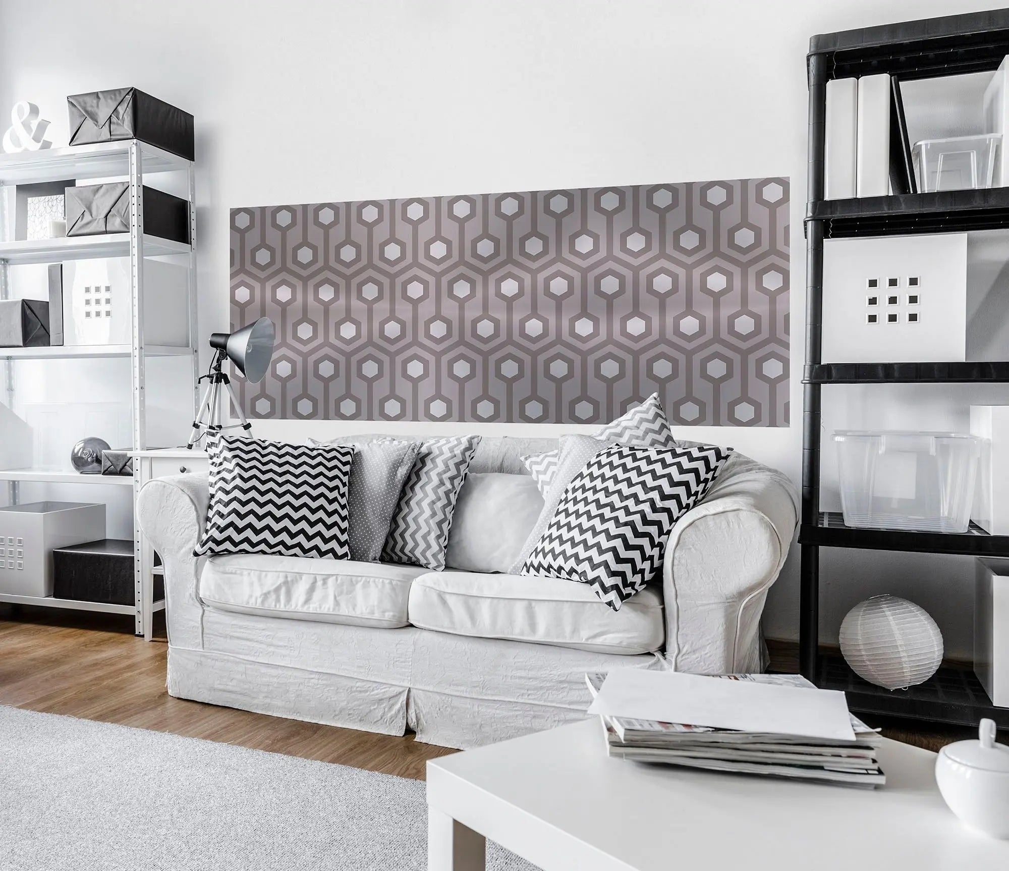 Billede 6 af Fototapet - Gråt geometrisk mønster med sekskanter og linjer