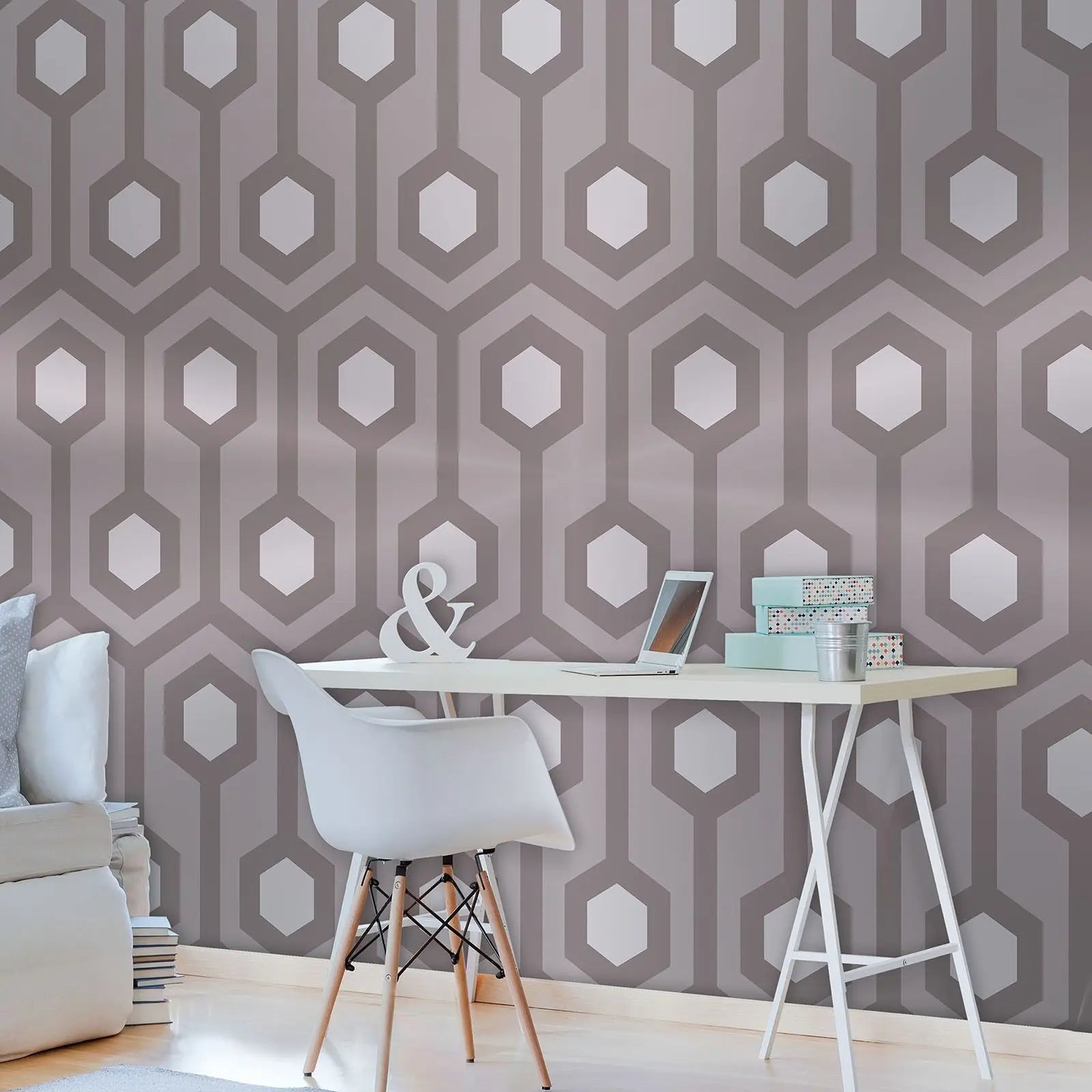 Billede 8 af Fototapet - Gråt geometrisk mønster med sekskanter og linjer