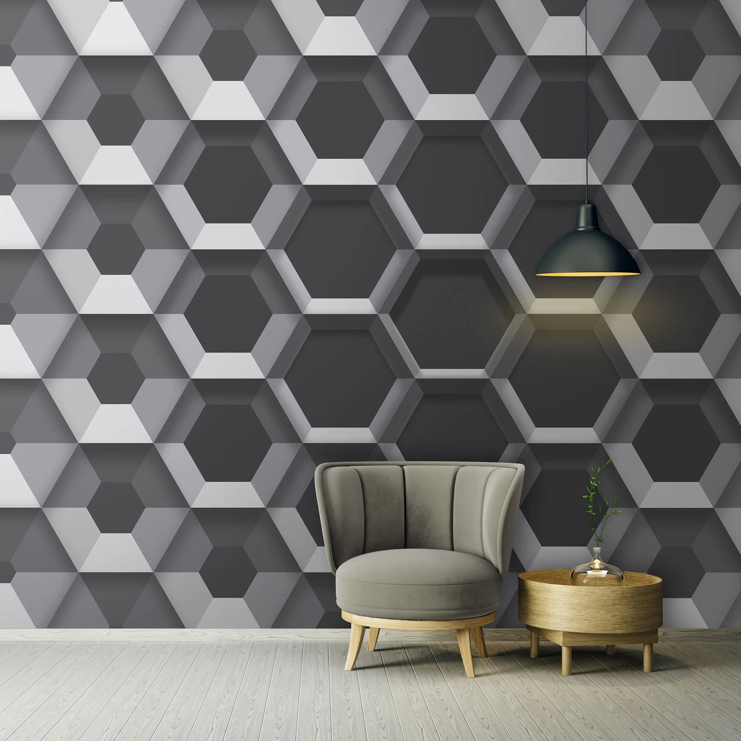 Billede 14 af Fototapet - Gråt geometrisk mønster med tredimensionelle sekskanter