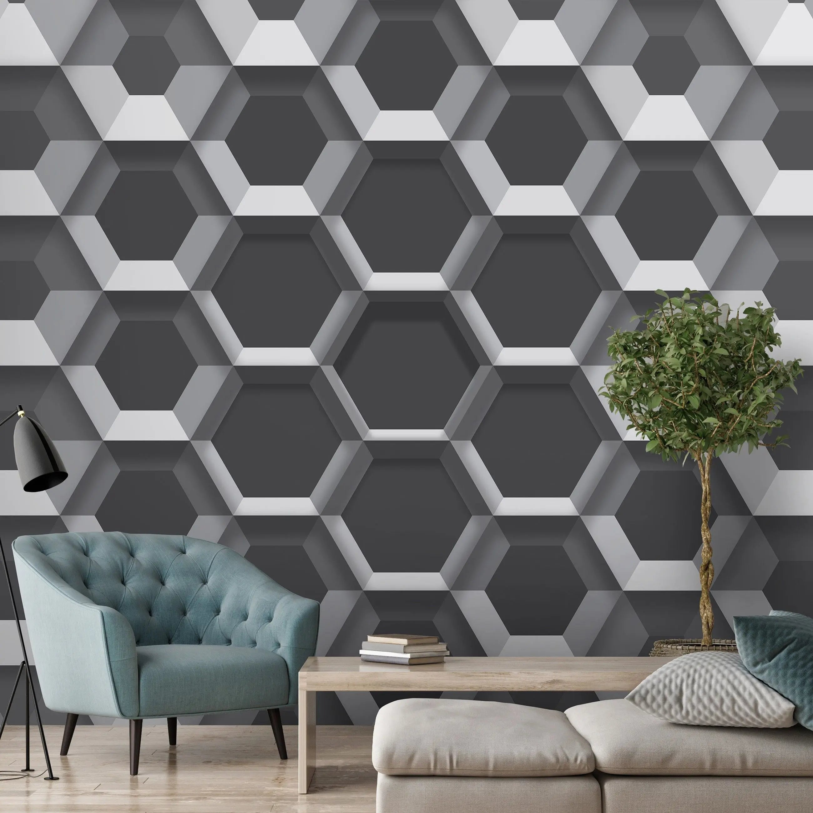 Billede 15 af Fototapet - Gråt geometrisk mønster med tredimensionelle sekskanter
