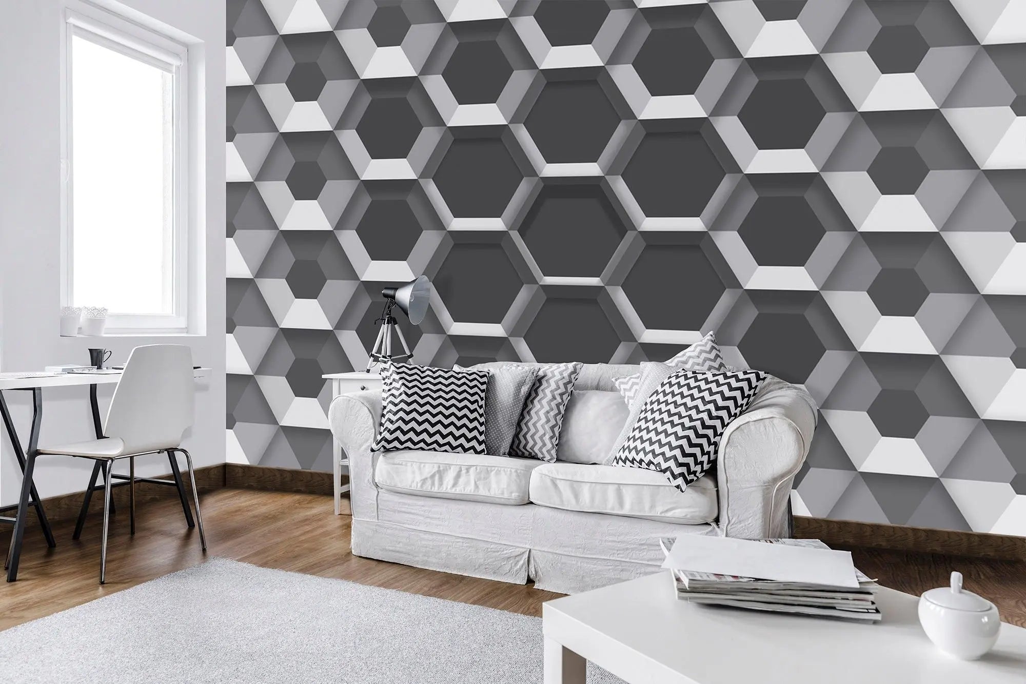 Billede 2 af Fototapet - Gråt geometrisk mønster med tredimensionelle sekskanter