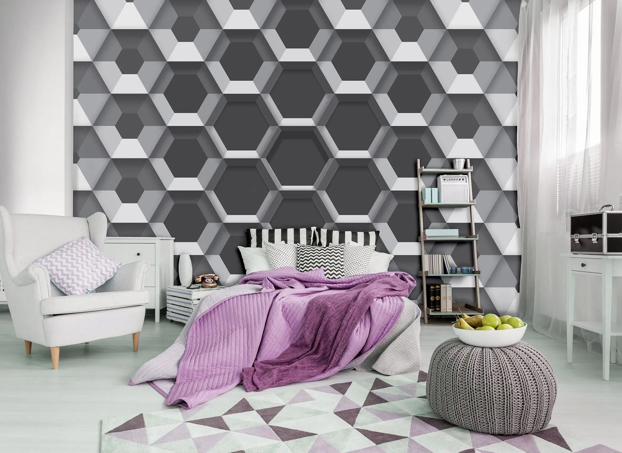 Billede 3 af Fototapet - Gråt geometrisk mønster med tredimensionelle sekskanter