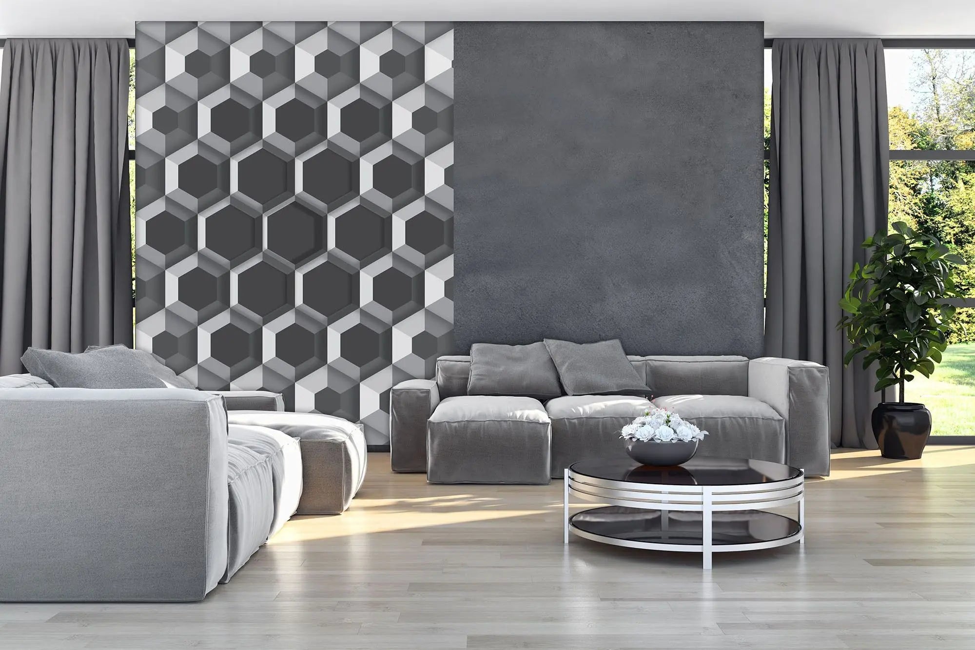 Billede 5 af Fototapet - Gråt geometrisk mønster med tredimensionelle sekskanter