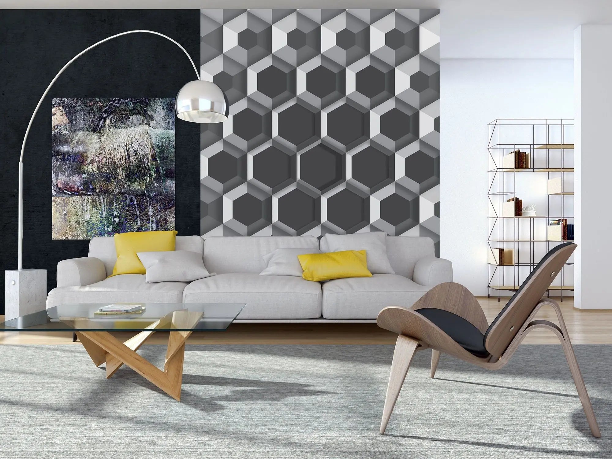 Billede 6 af Fototapet - Gråt geometrisk mønster med tredimensionelle sekskanter