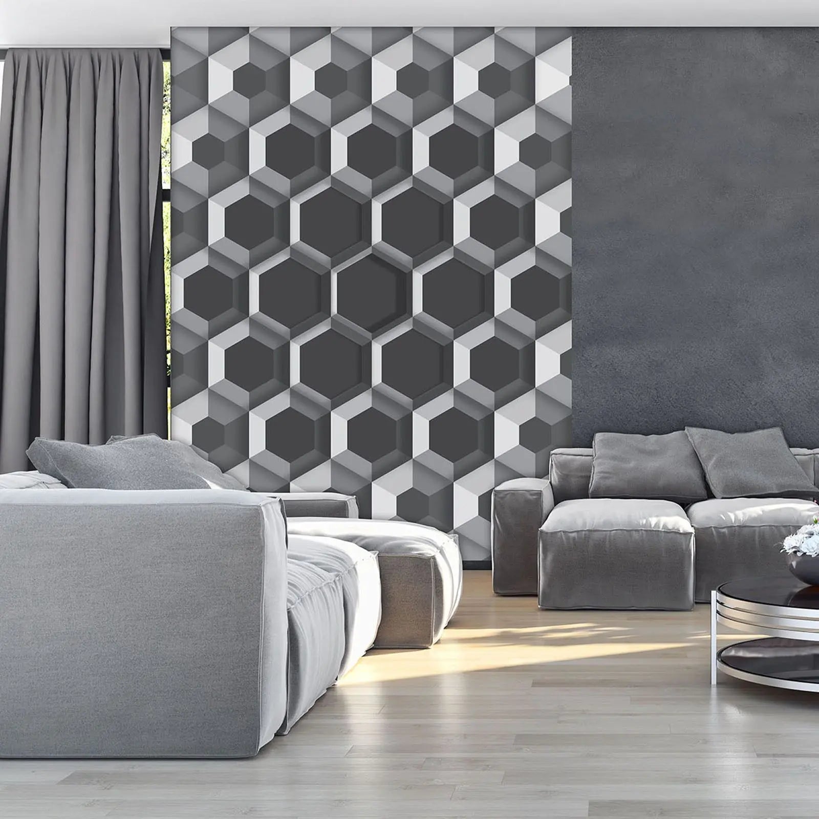 Billede 7 af Fototapet - Gråt geometrisk mønster med tredimensionelle sekskanter