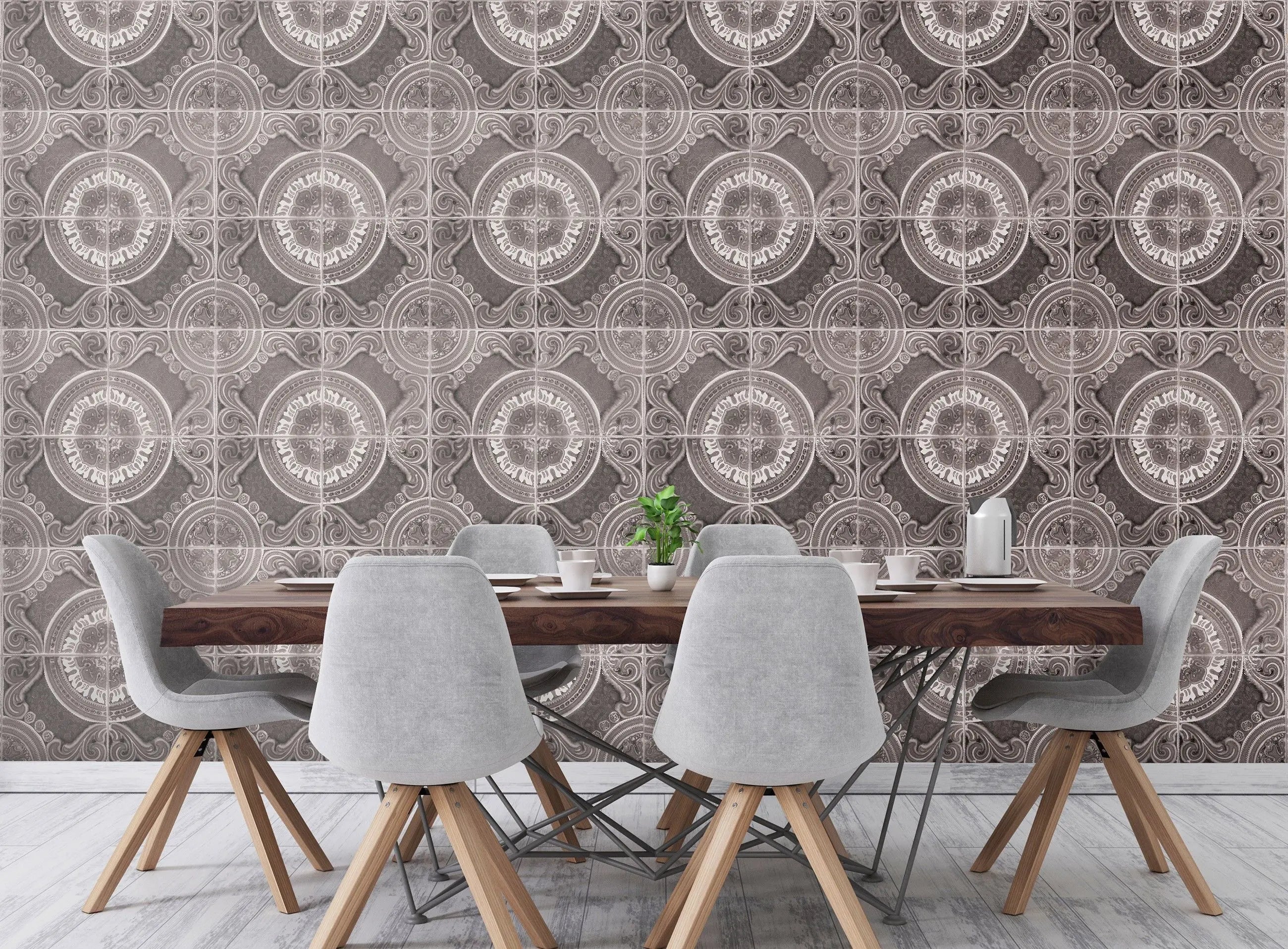 Billede 10 af Fototapet - Gråt kompasmønster med gentagende design