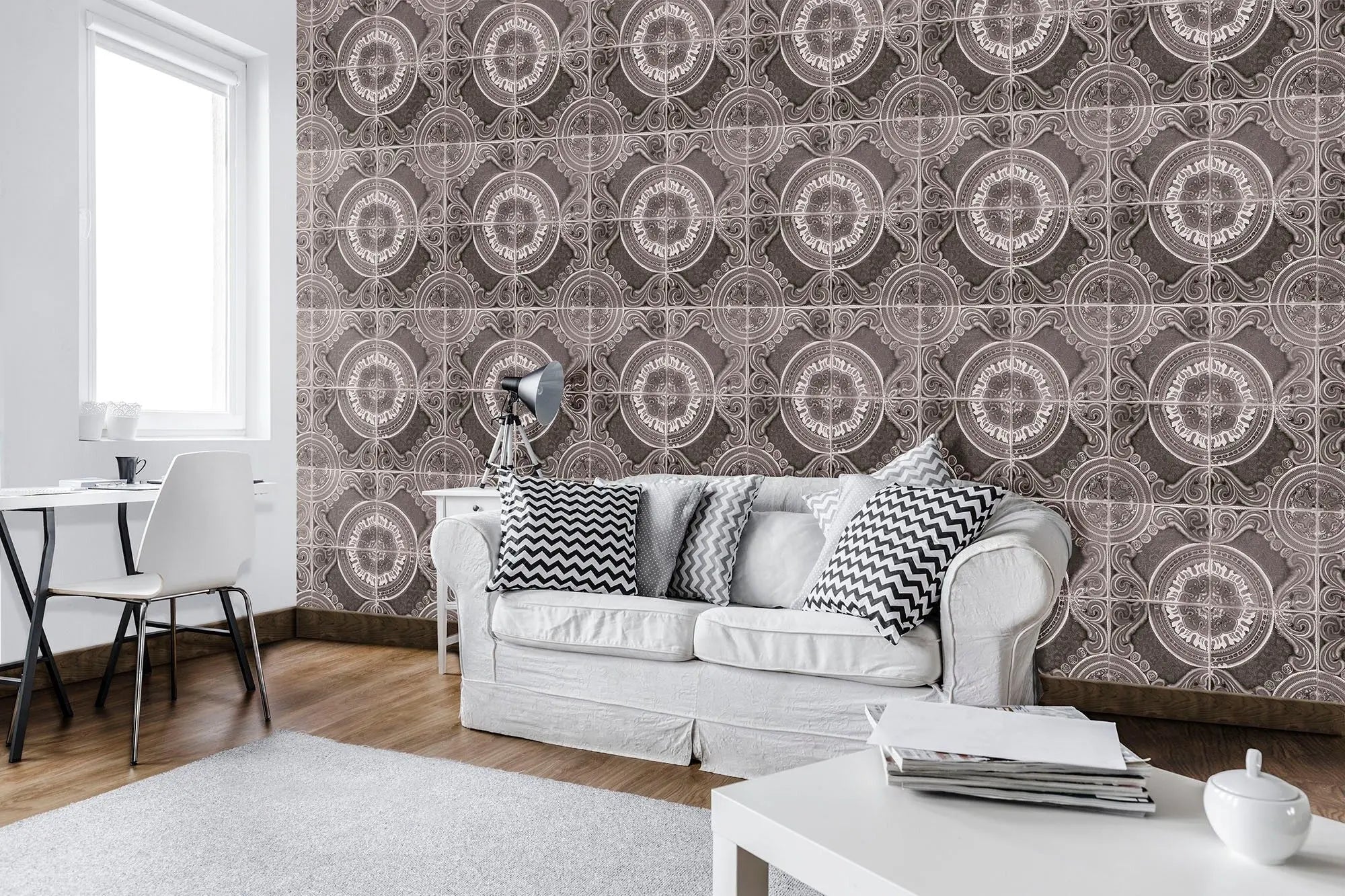 Billede 3 af Fototapet - Gråt kompasmønster med gentagende design