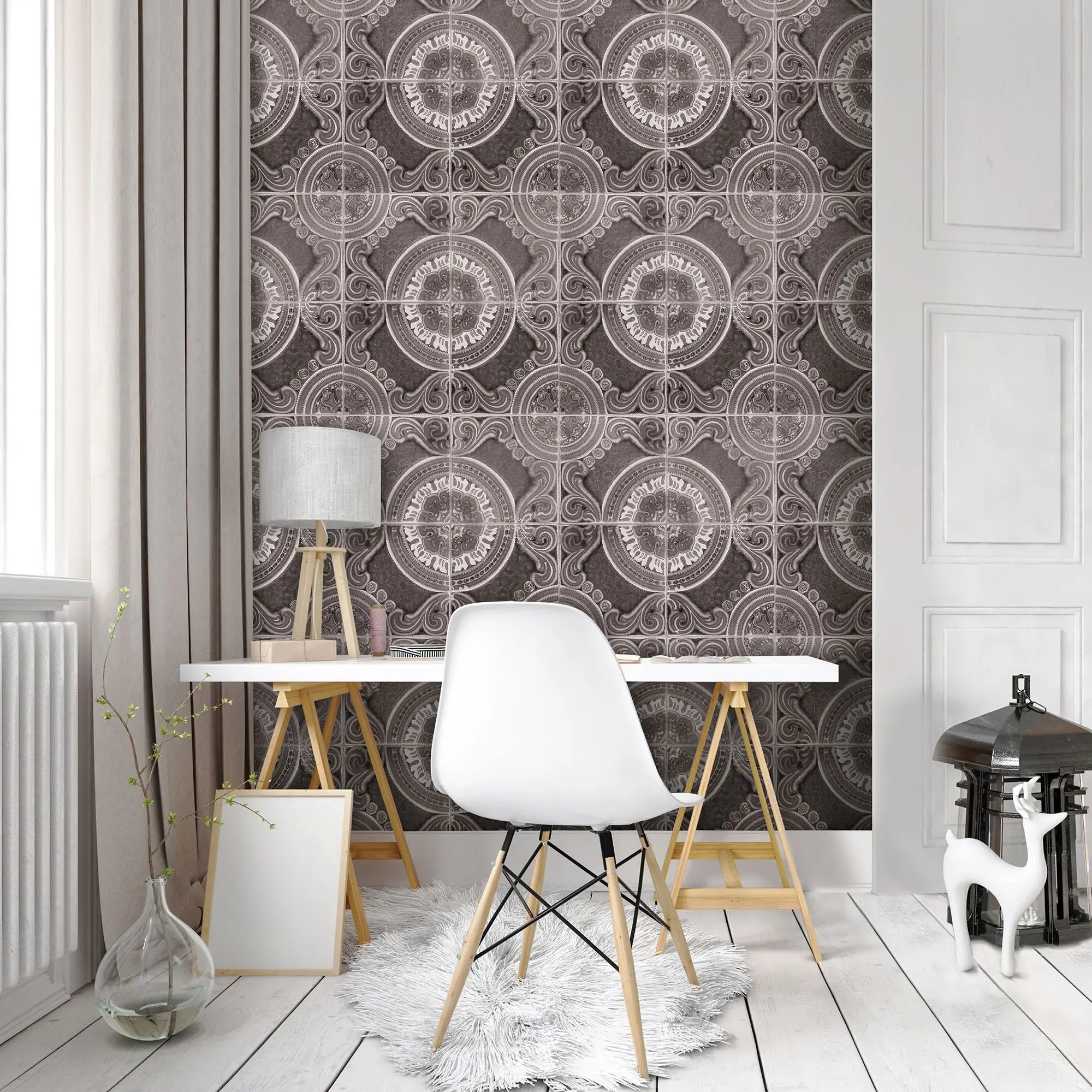 Billede 6 af Fototapet - Gråt kompasmønster med gentagende design