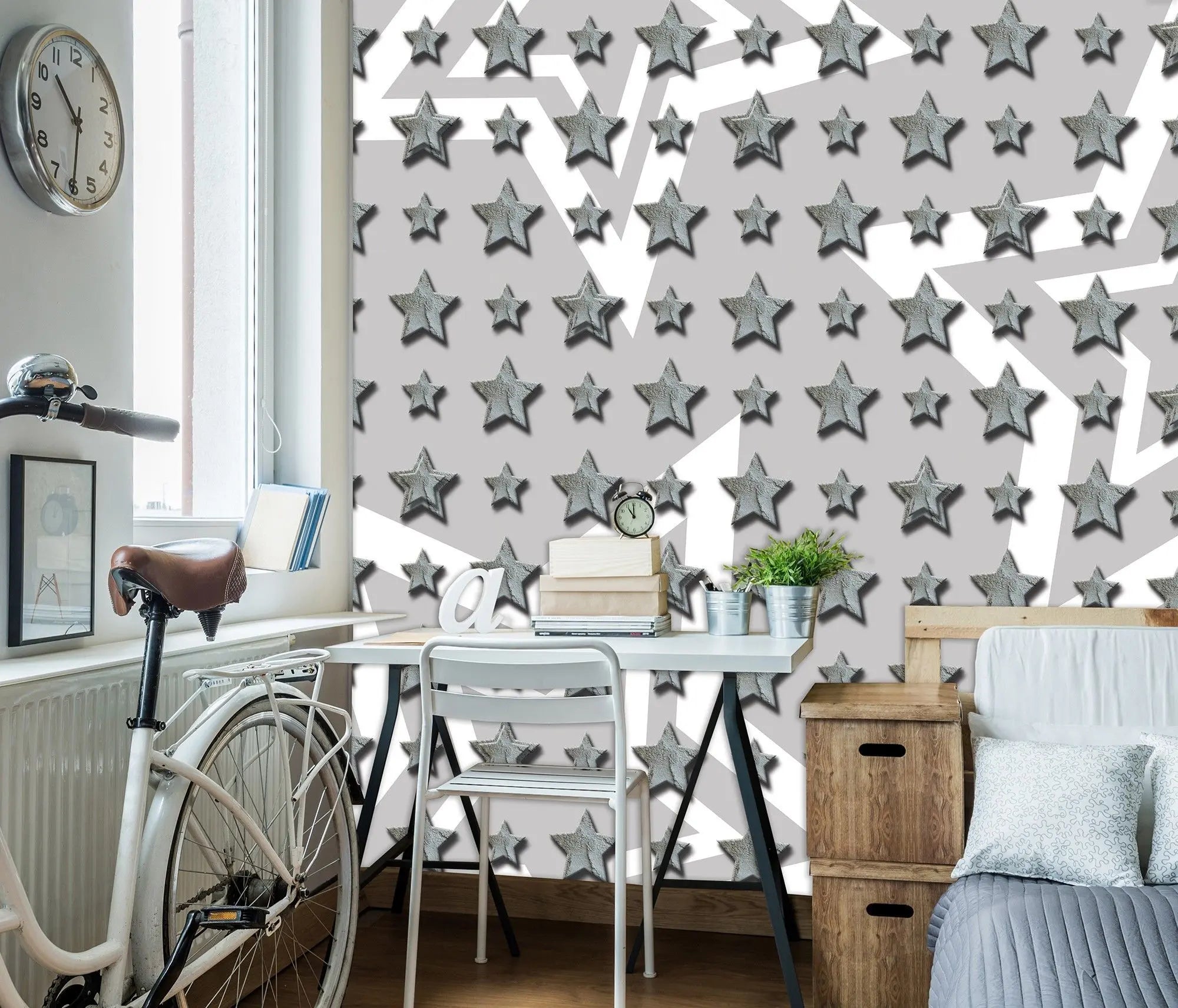 Billede 2 af Fototapet - Gråt mønster med små og store sølvstjerner