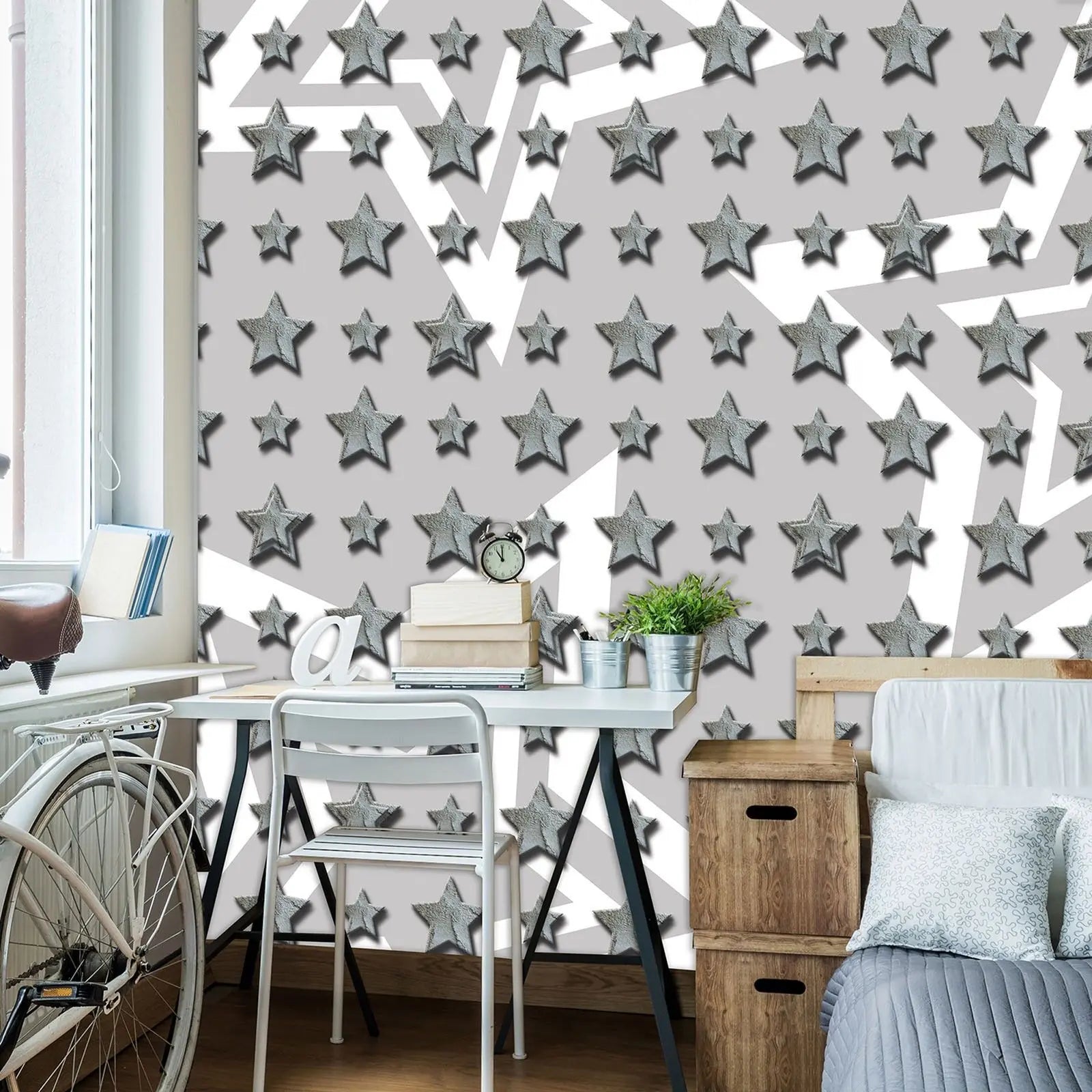 Billede 3 af Fototapet - Gråt mønster med små og store sølvstjerner