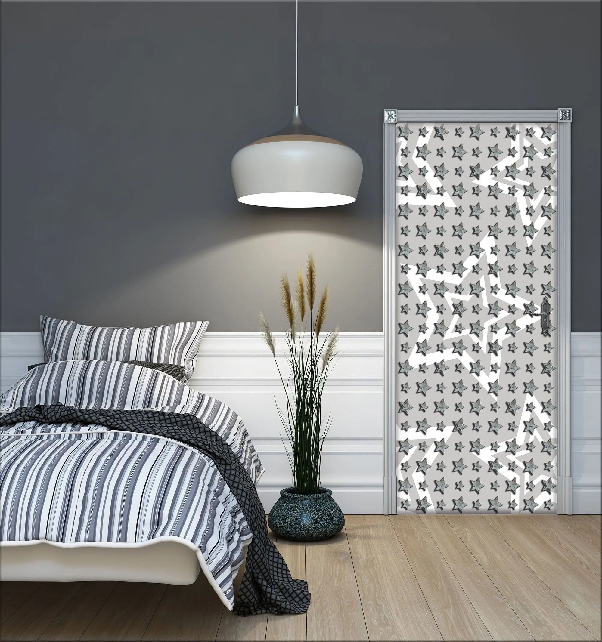 Billede 4 af Fototapet - Gråt mønster med små og store sølvstjerner
