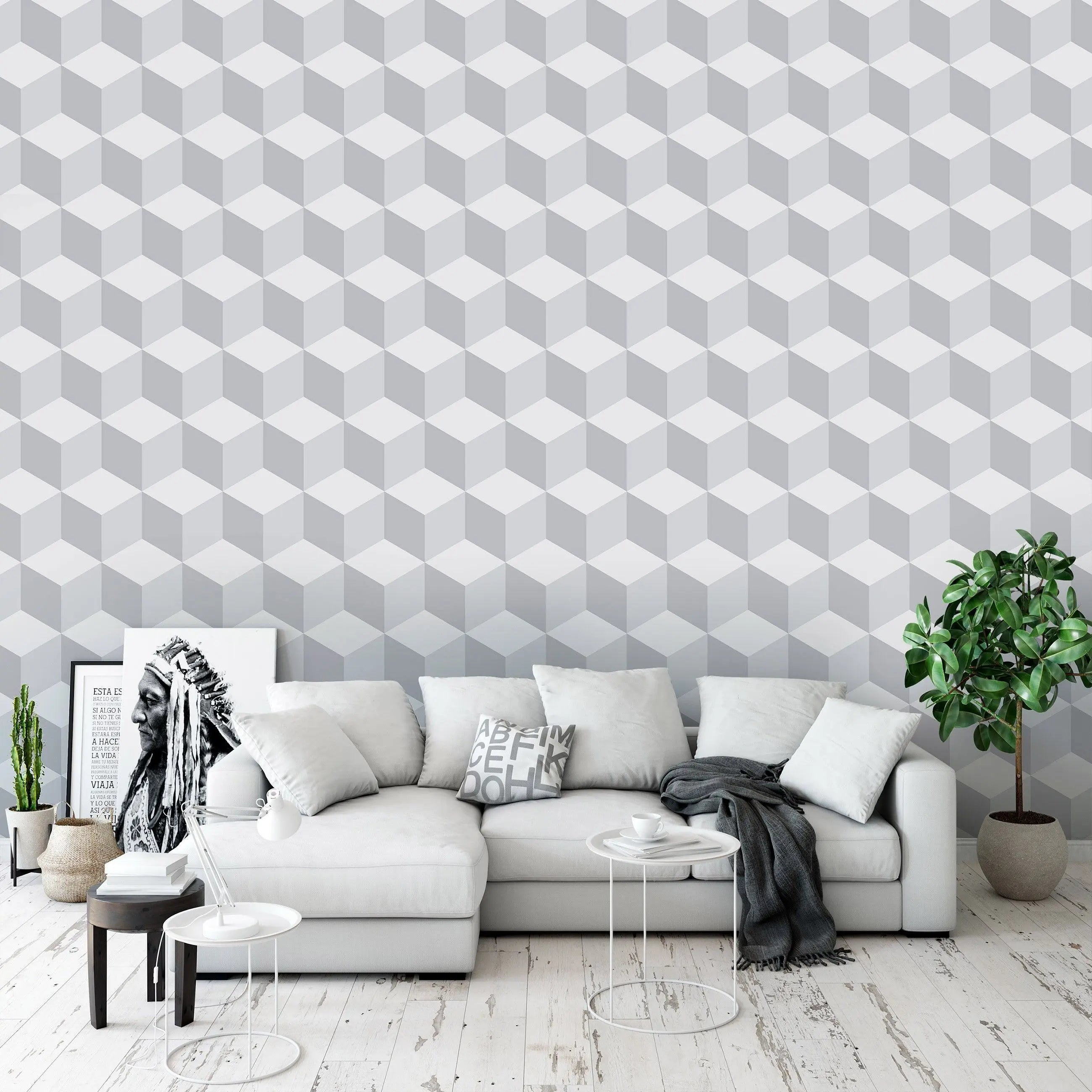 Billede 14 af Fototapet - Gråt tredimensionelt kubemønster