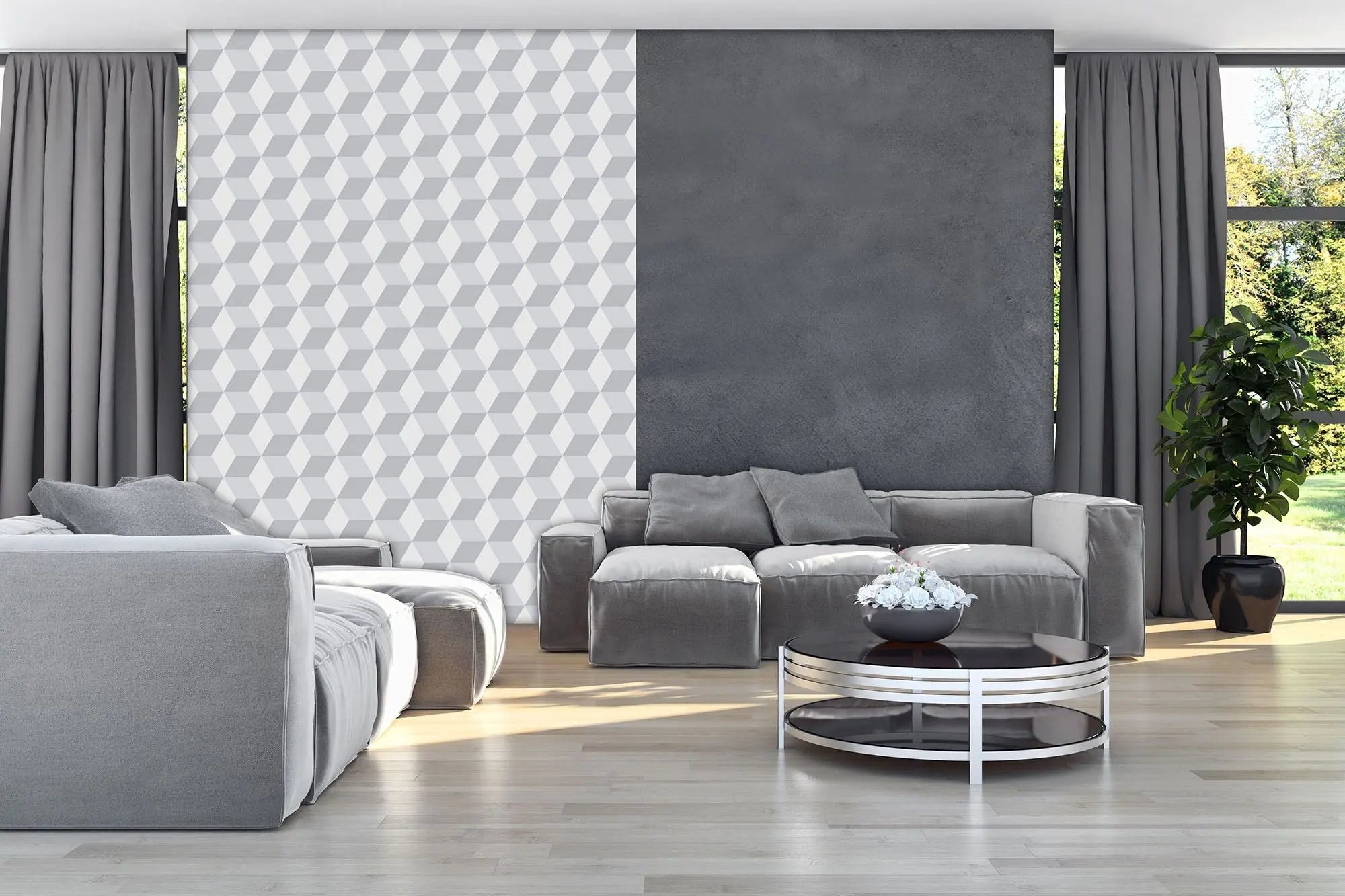 Billede 5 af Fototapet - Gråt tredimensionelt kubemønster