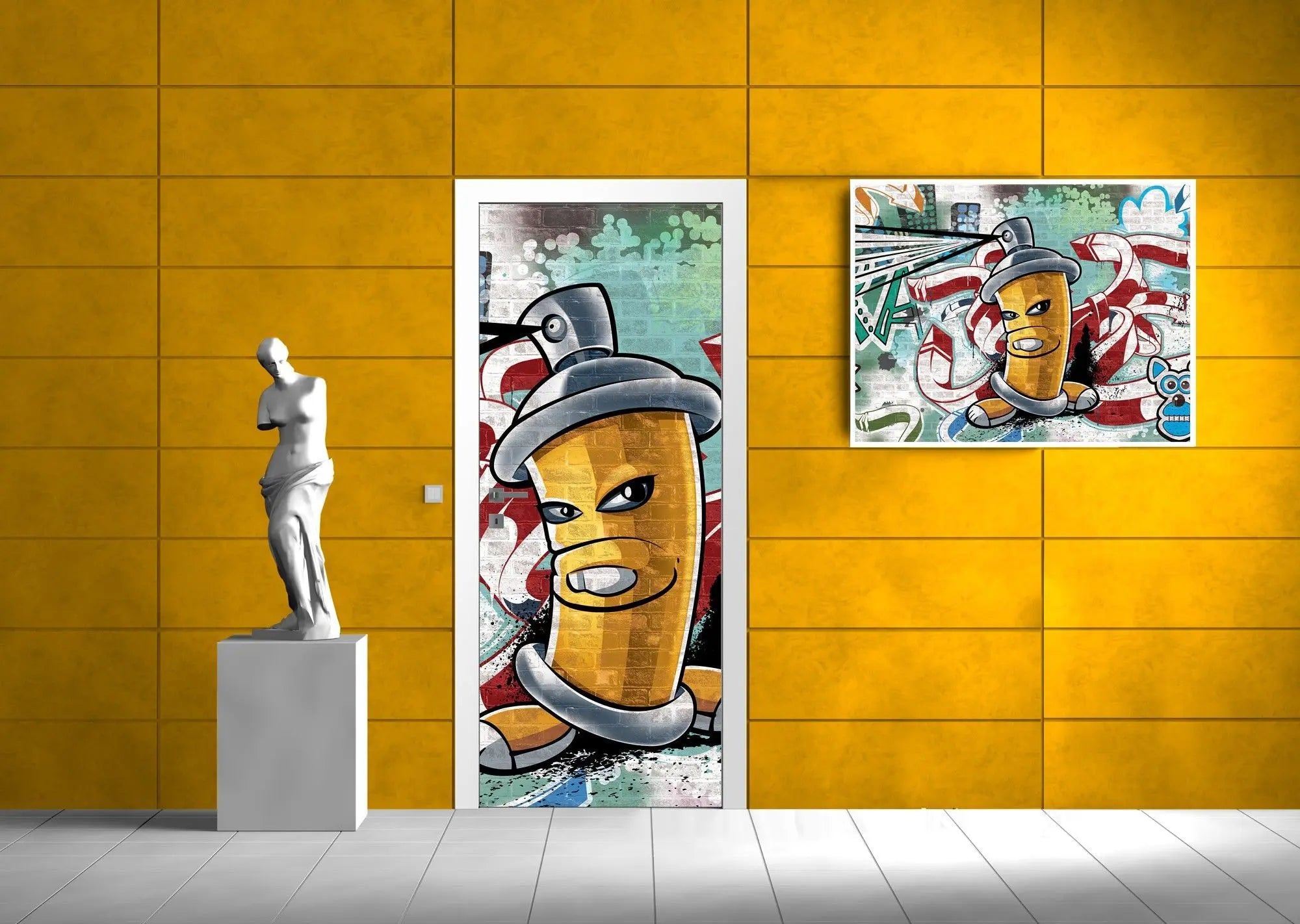 Billede 7 af Fototapet - Graffiti med gul spraydåse og abstrakte former på murstensvæg