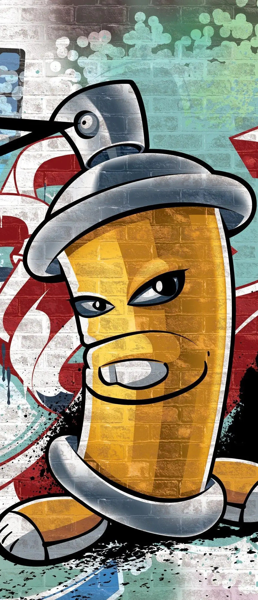 Billede 8 af Fototapet - Graffiti med gul spraydåse og abstrakte former på murstensvæg