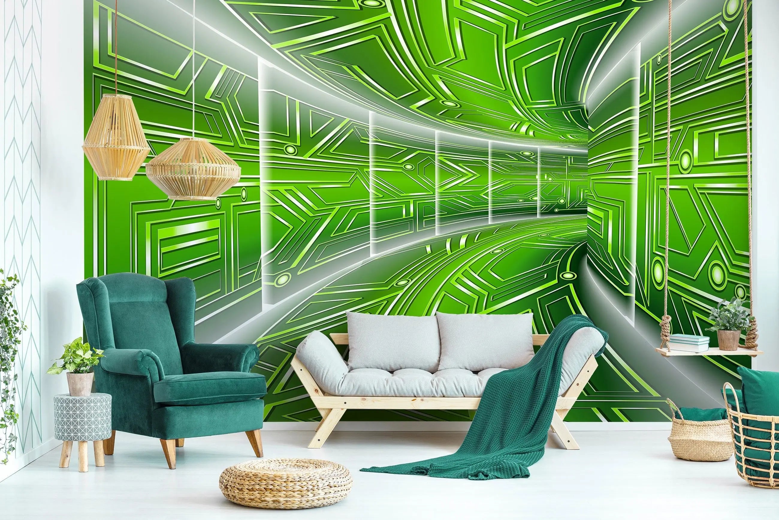 Billede 12 af Fototapet - Grøn futuristisk tunnel med geometriske mønstre