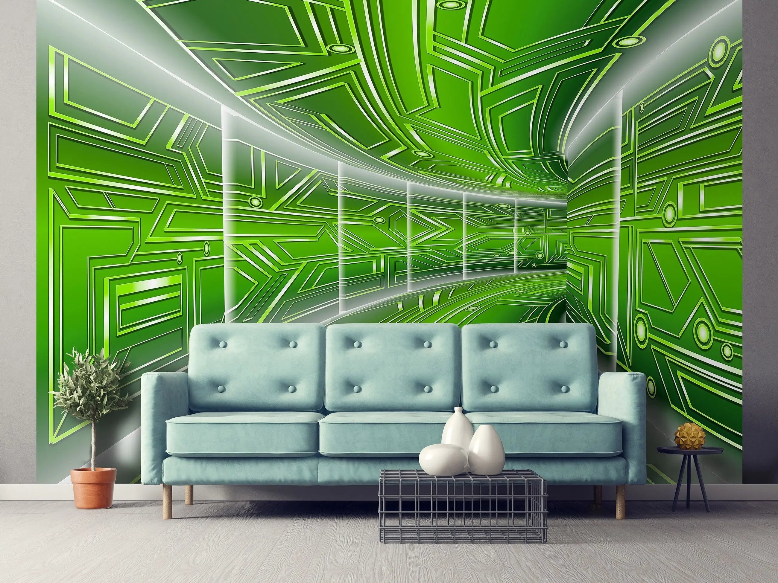 Billede 14 af Fototapet - Grøn futuristisk tunnel med geometriske mønstre