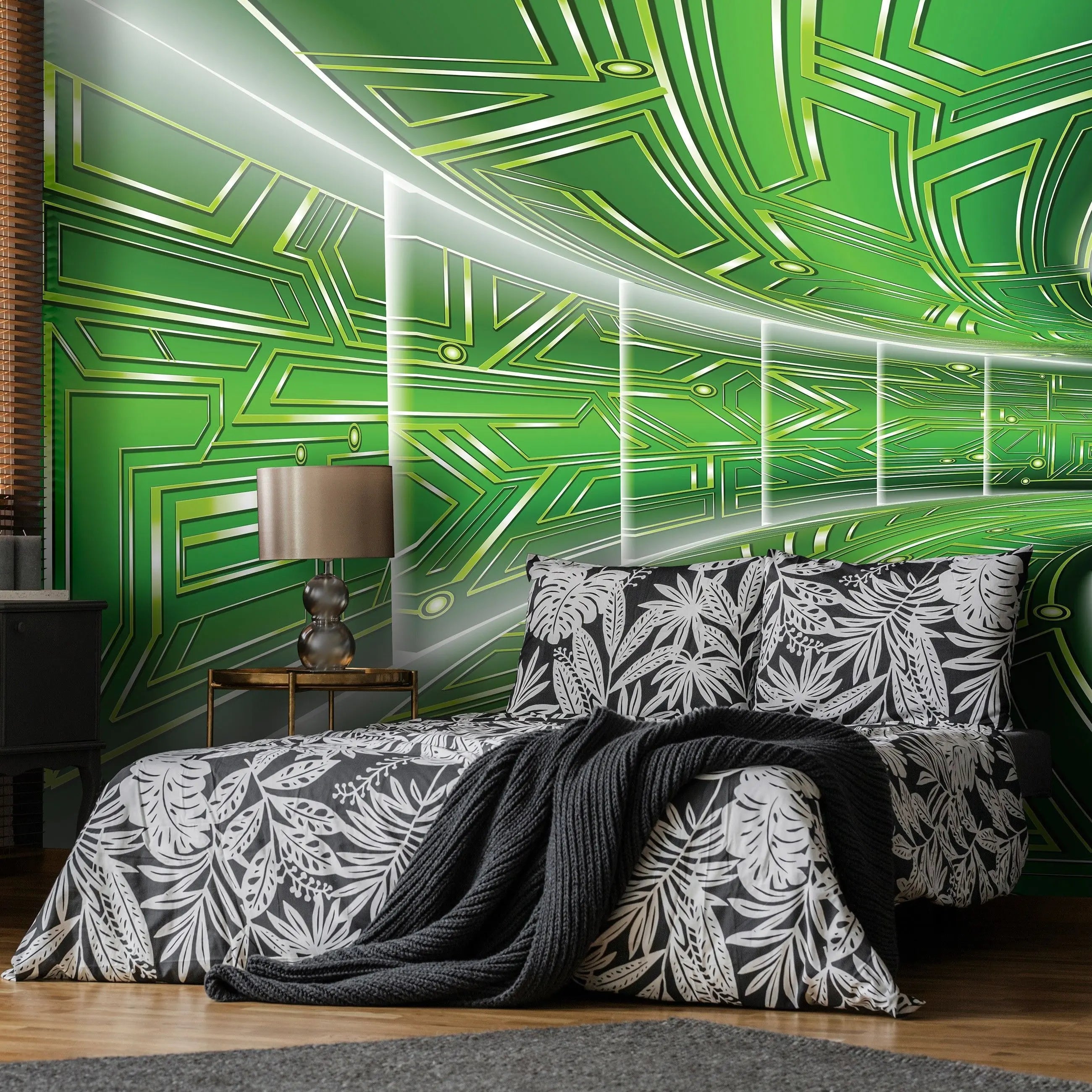 Billede 15 af Fototapet - Grøn futuristisk tunnel med geometriske mønstre