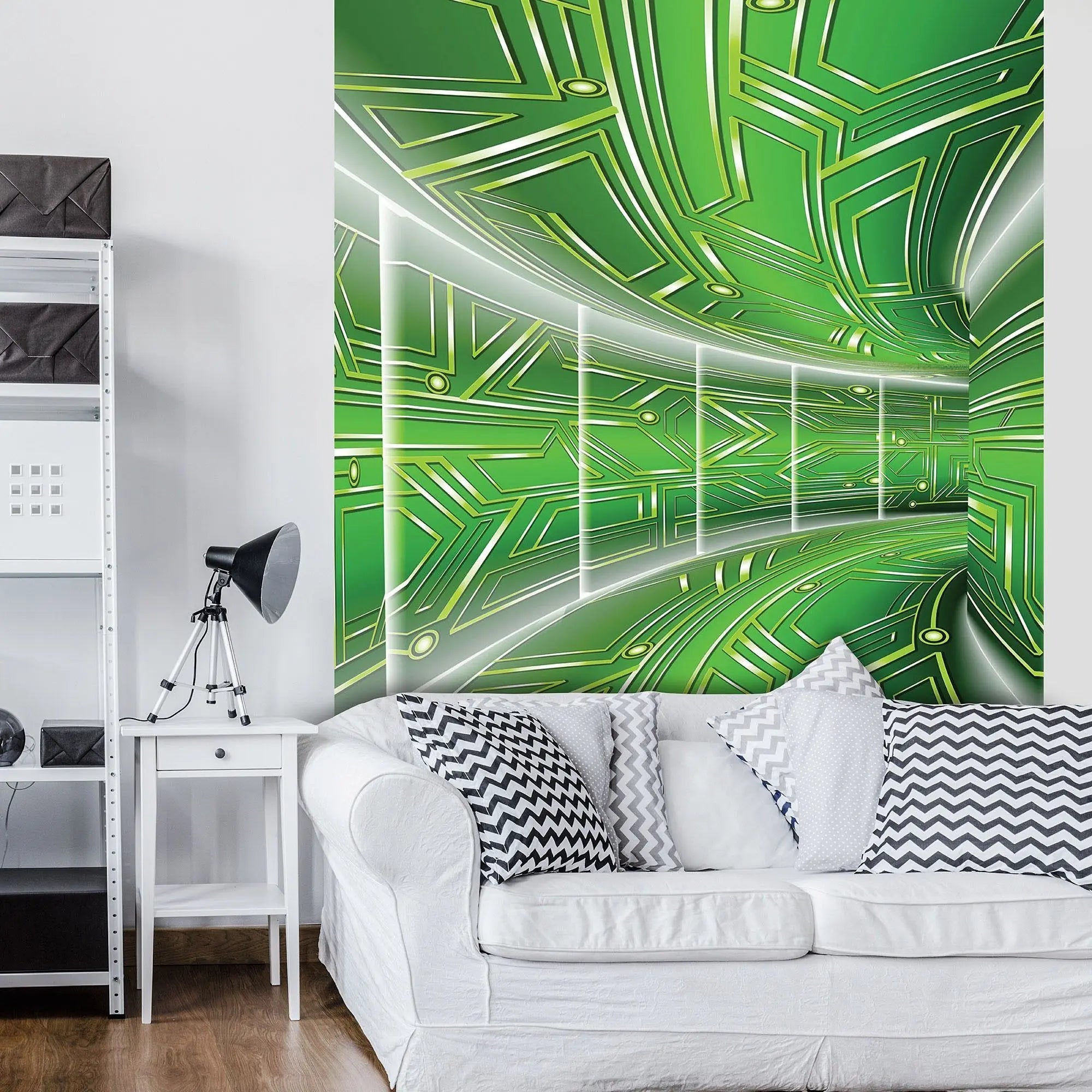 Billede 19 af Fototapet - Grøn futuristisk tunnel med geometriske mønstre
