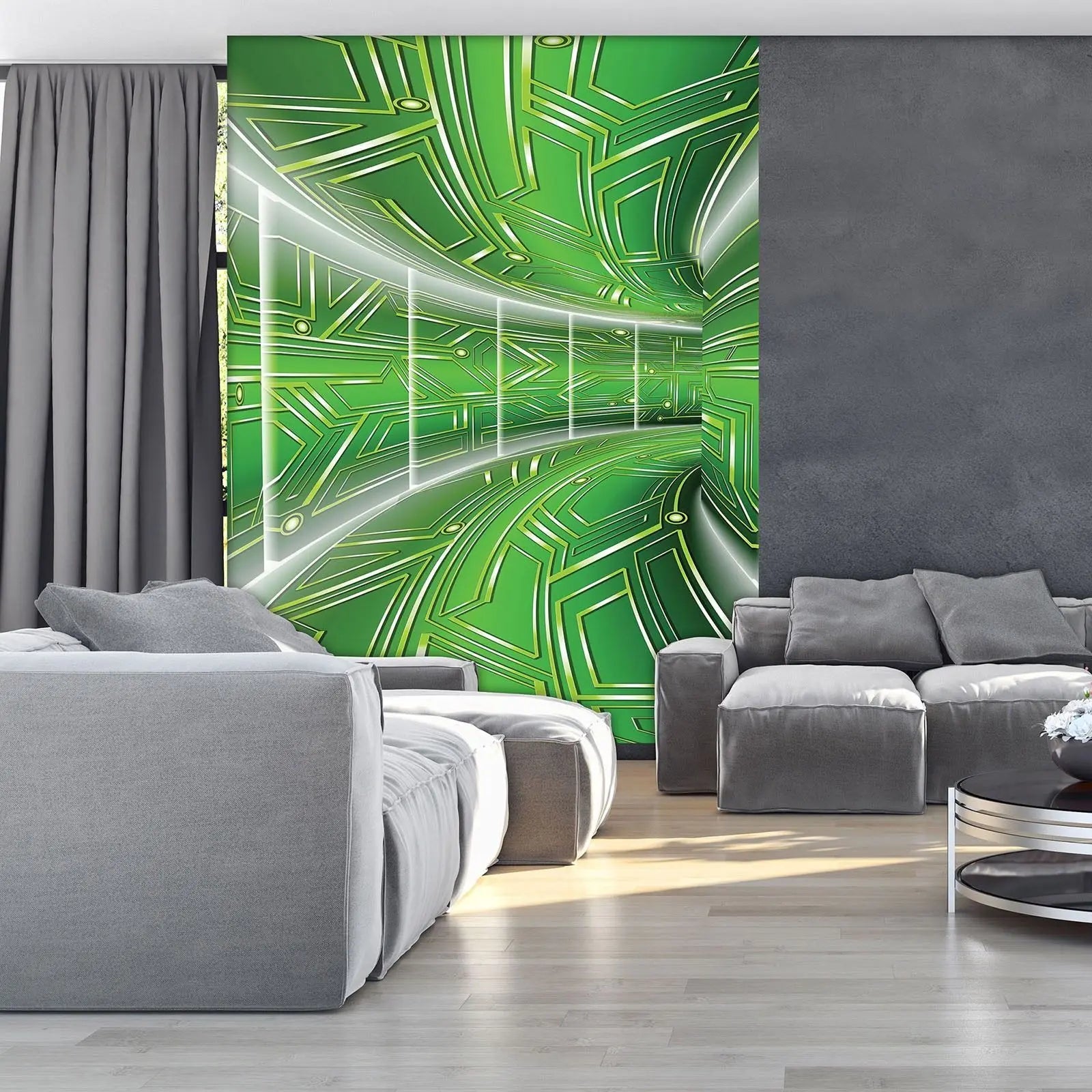 Billede 6 af Fototapet - Grøn futuristisk tunnel med geometriske mønstre