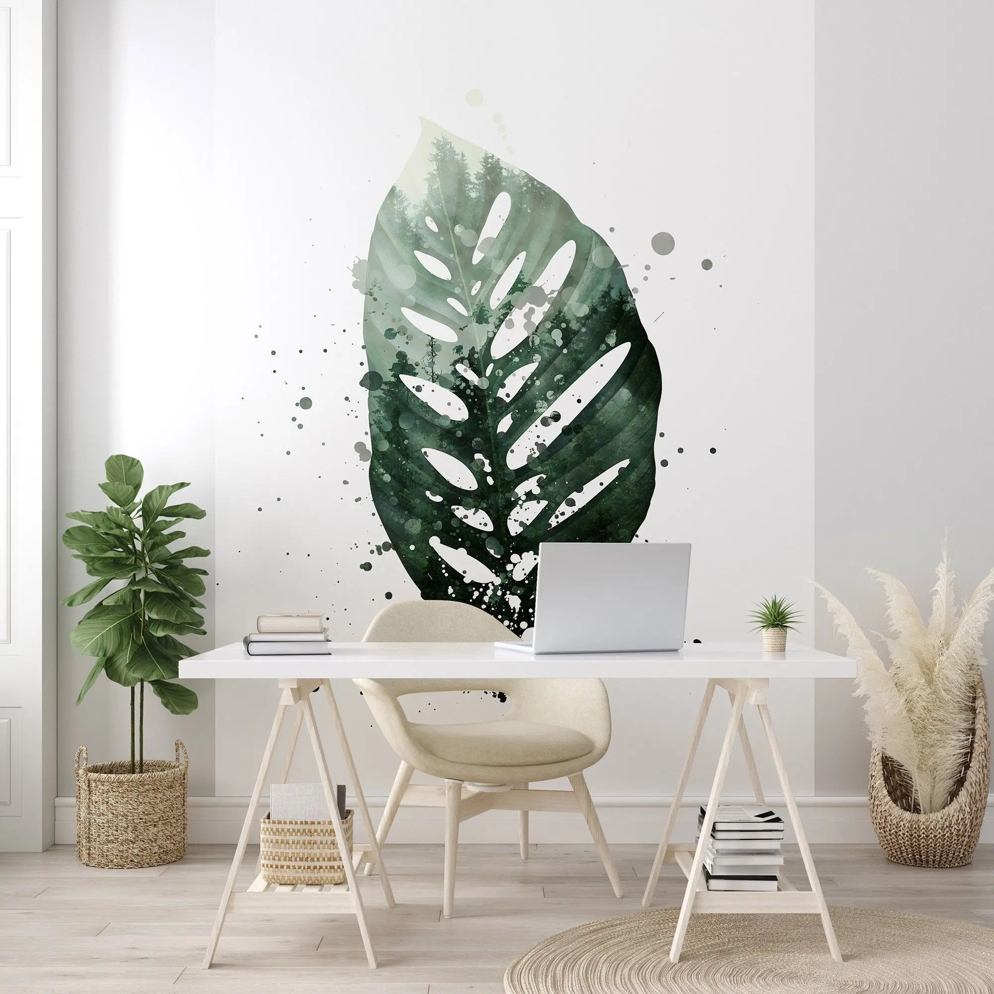 Billede 4 af Fototapet - Grøn monstera-blad med maleriske pletter