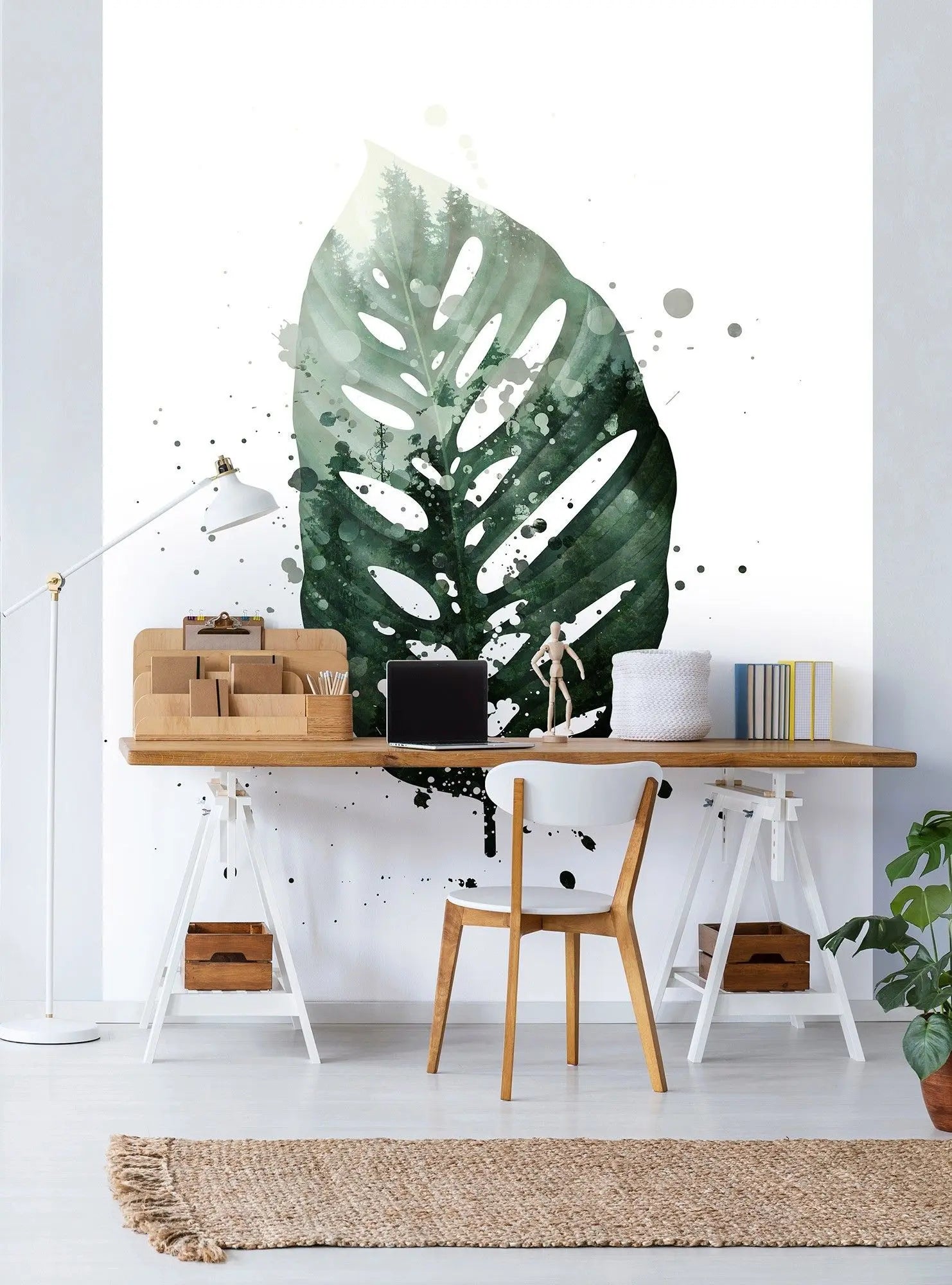 Billede 5 af Fototapet - Grøn monstera-blad med maleriske pletter