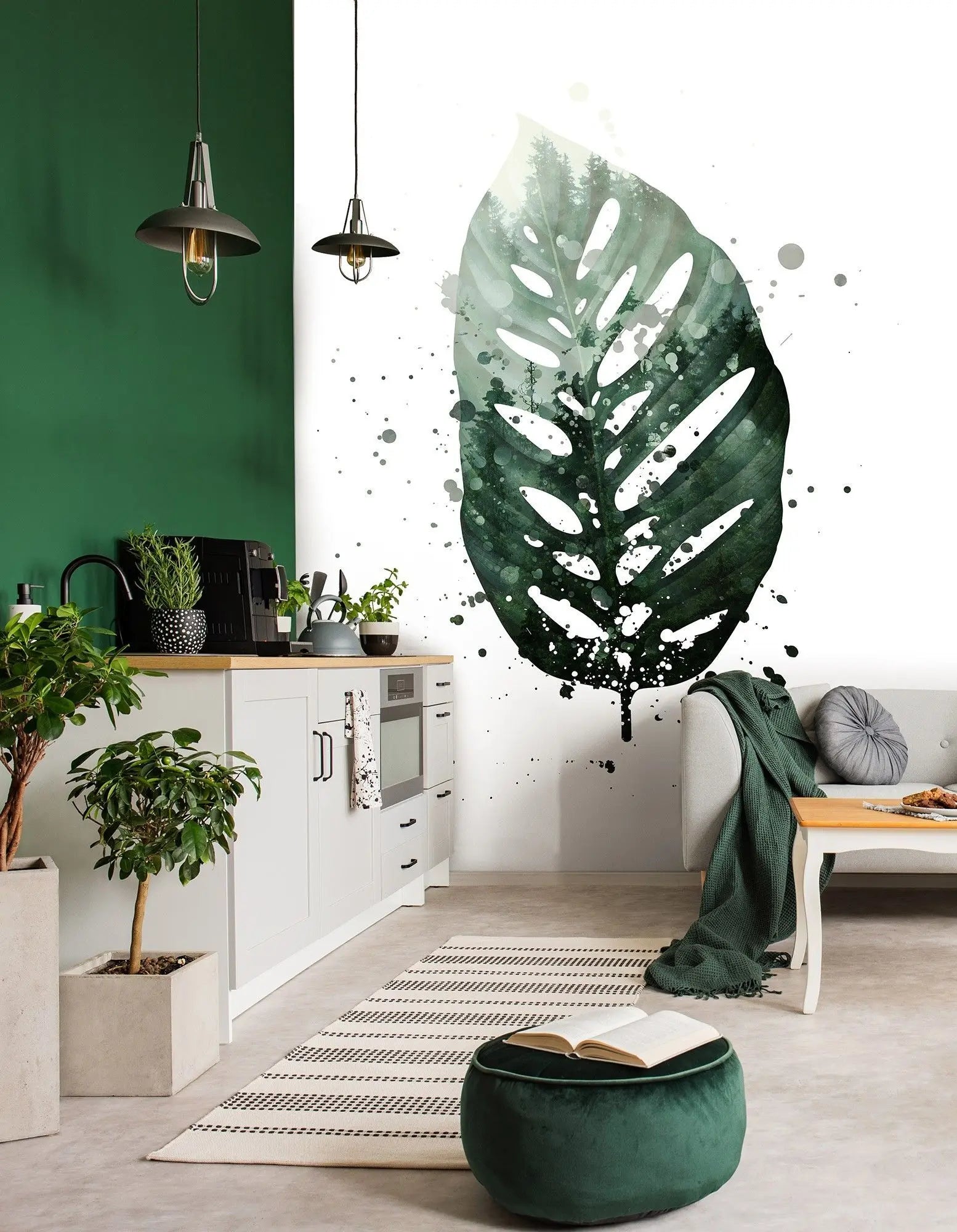 Billede 6 af Fototapet - Grøn monstera-blad med maleriske pletter