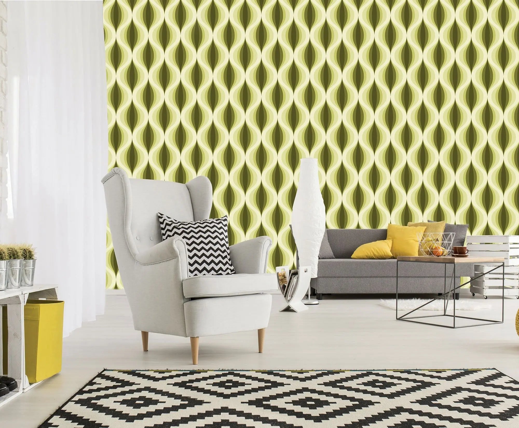 Billede 3 af Fototapet - Grøn og gul bølgeformet geometrisk mønster