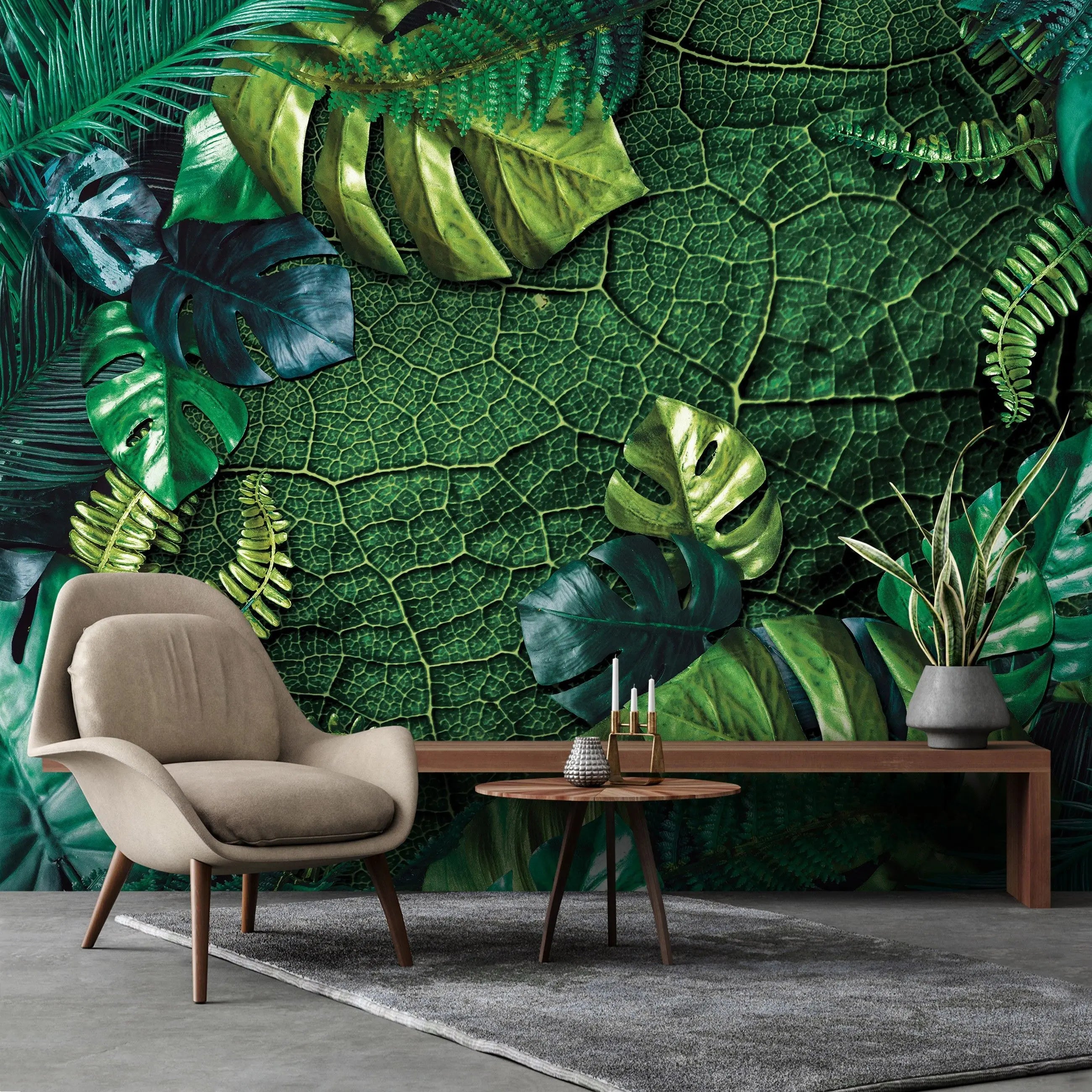 Billede 6 af Fototapet - Grønne monstera- og bregneblade på et stort bladmønster