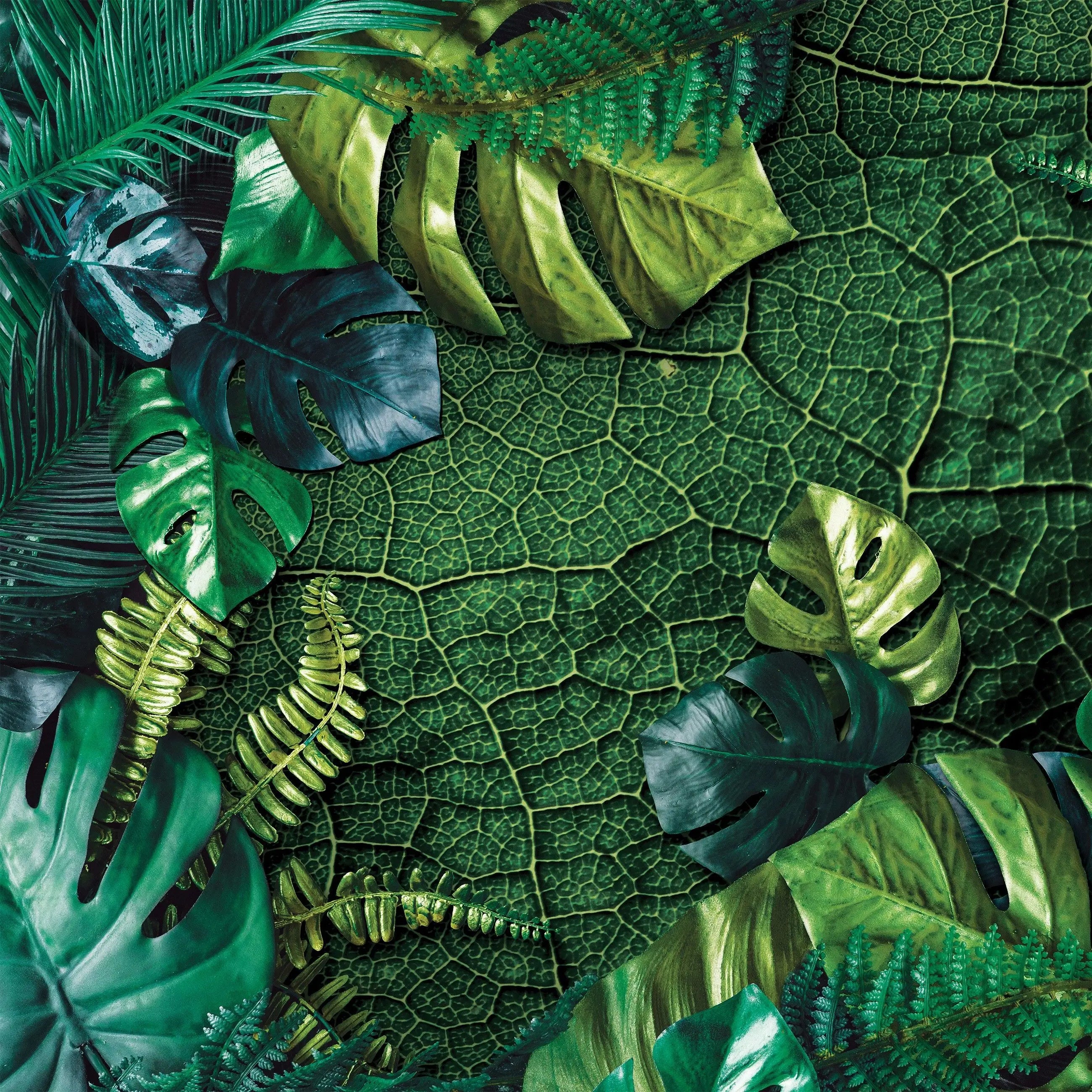 Billede 7 af Fototapet - Grønne monstera- og bregneblade på et stort bladmønster