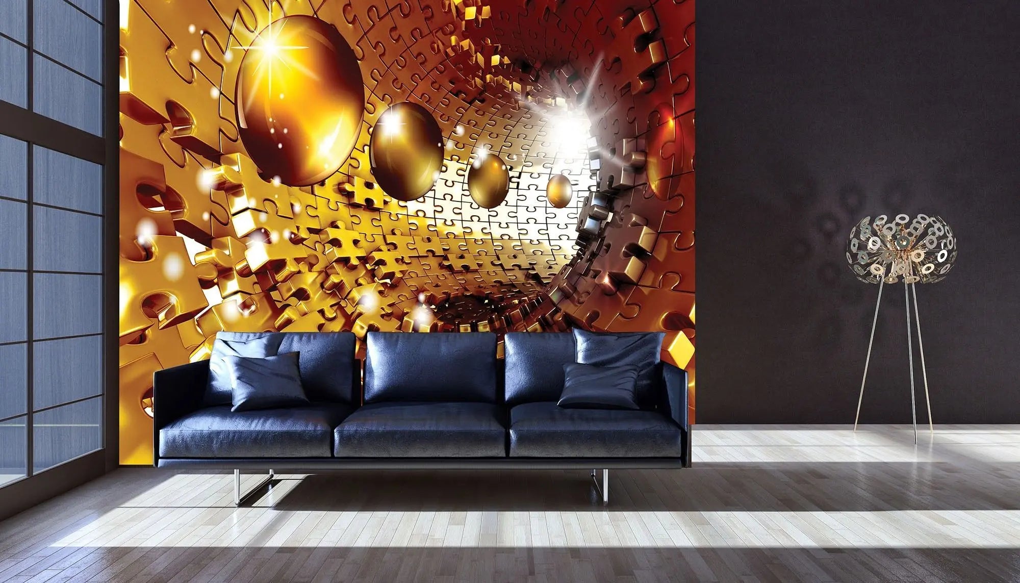 Billede 3 af Fototapet - Gul puslespilstunnel med skinnende kugler