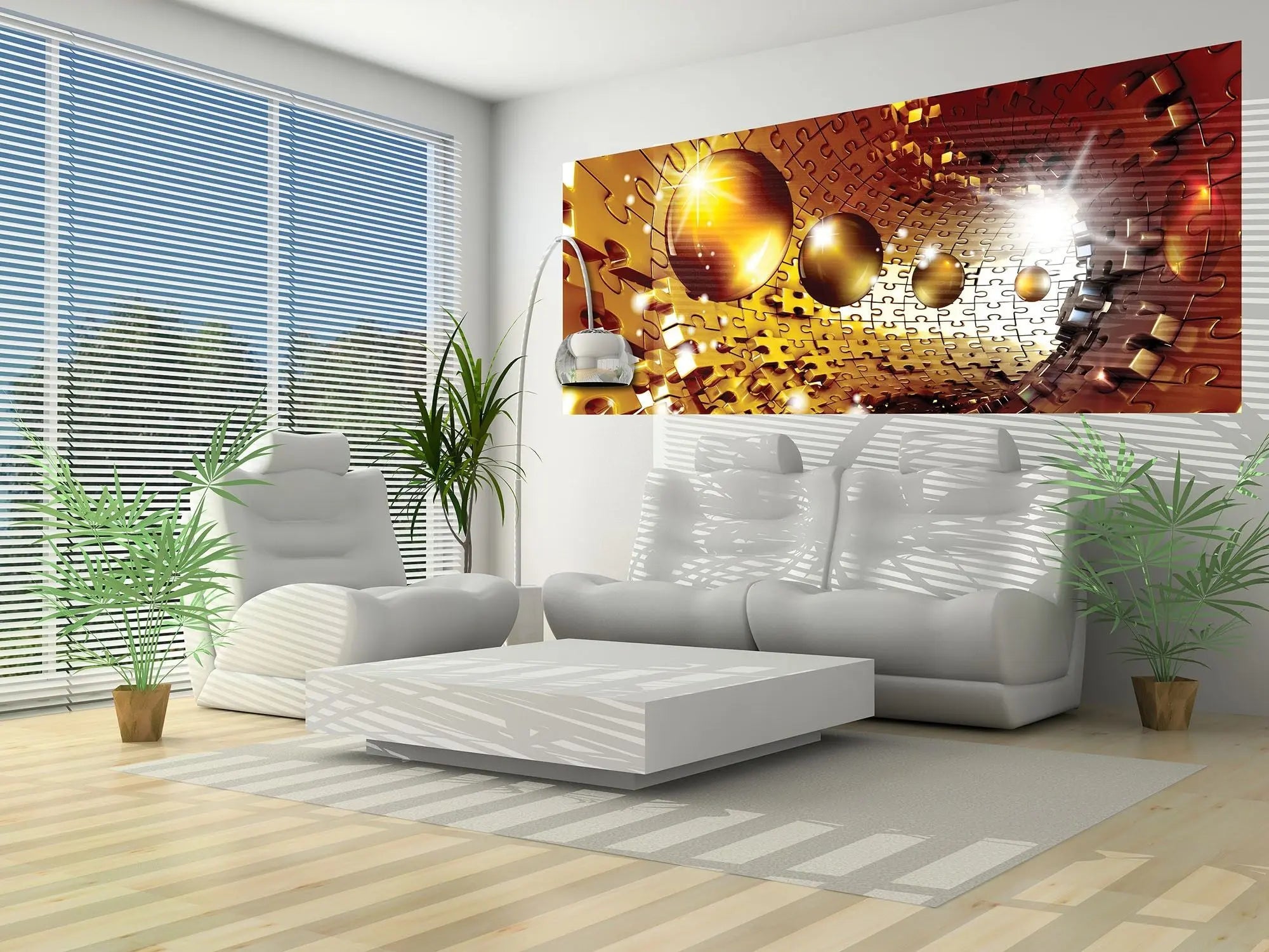 Billede 6 af Fototapet - Gul puslespilstunnel med skinnende kugler