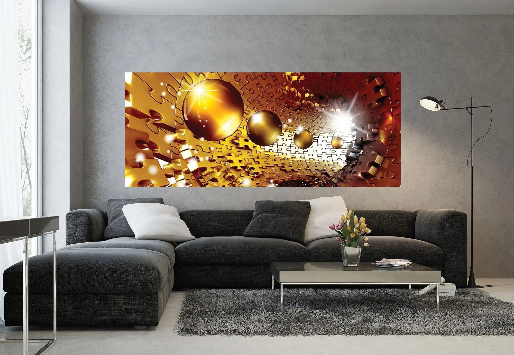 Billede 7 af Fototapet - Gul puslespilstunnel med skinnende kugler