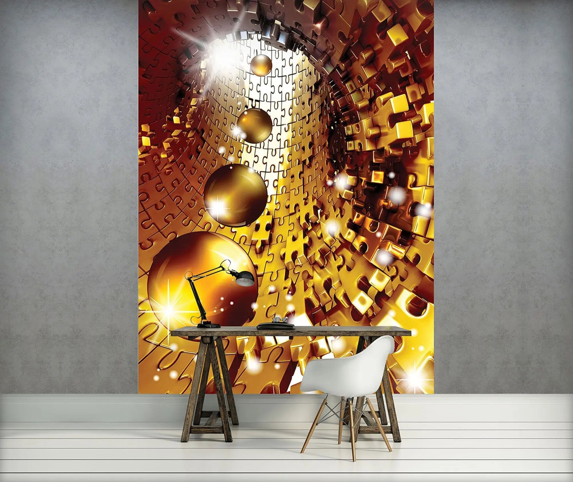 Billede 8 af Fototapet - Gul puslespilstunnel med skinnende kugler