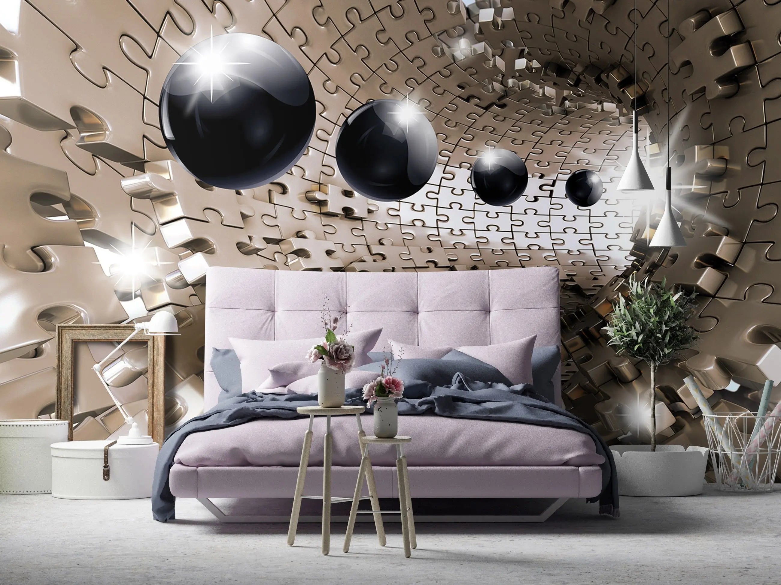 Billede 11 af Fototapet - Guldfarvet puslespilstunnel med sorte kugler