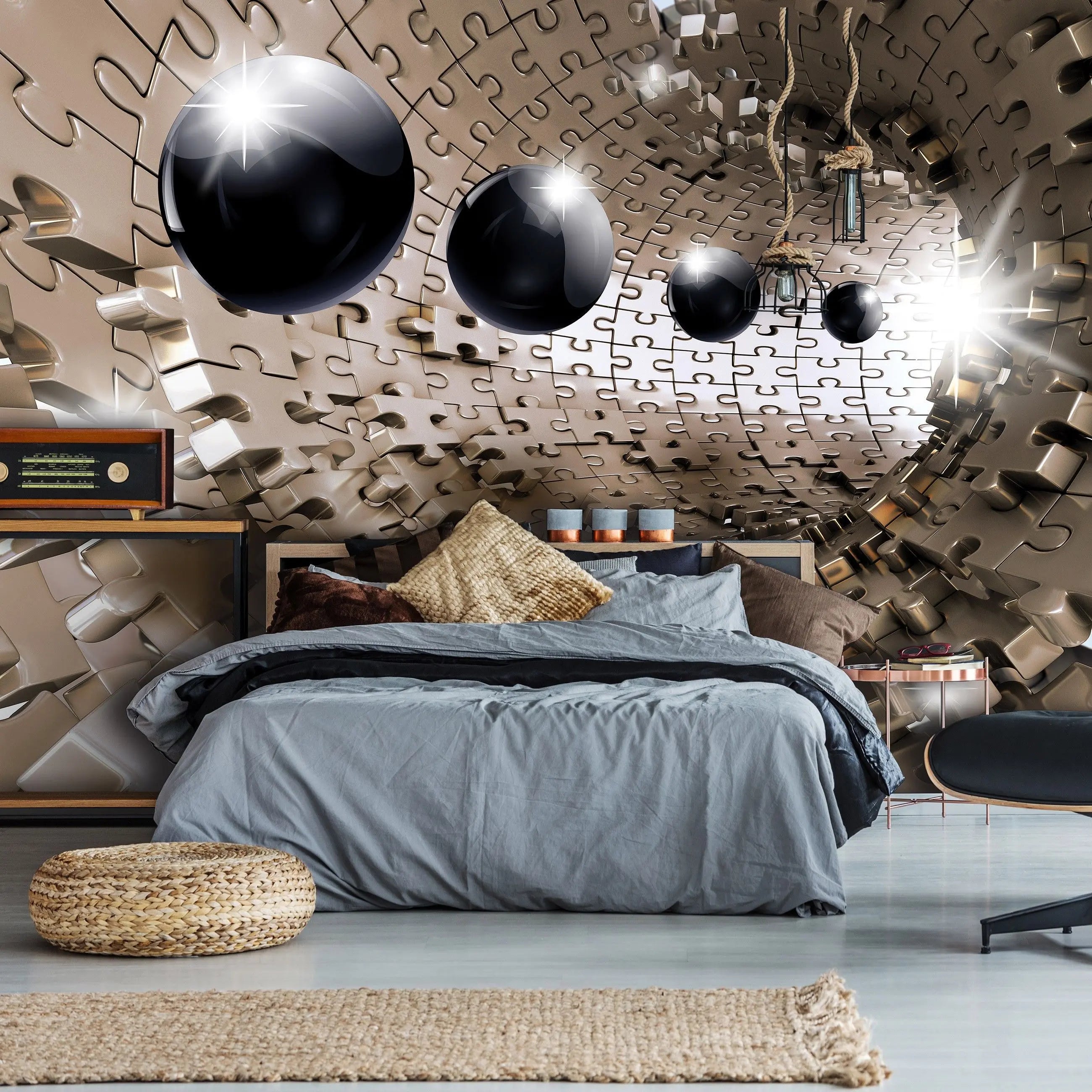 Billede 12 af Fototapet - Guldfarvet puslespilstunnel med sorte kugler