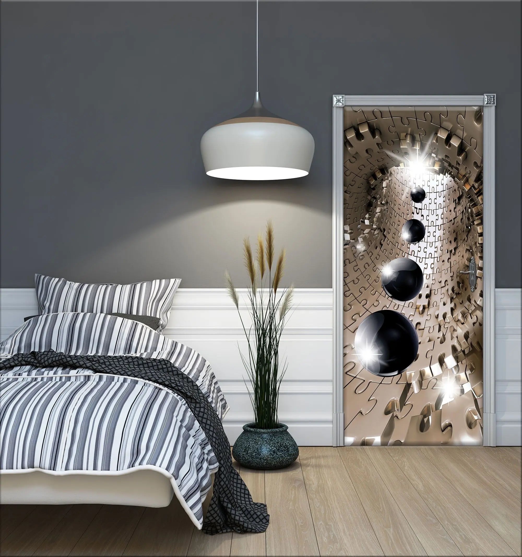 Billede 9 af Fototapet - Guldfarvet puslespilstunnel med sorte kugler