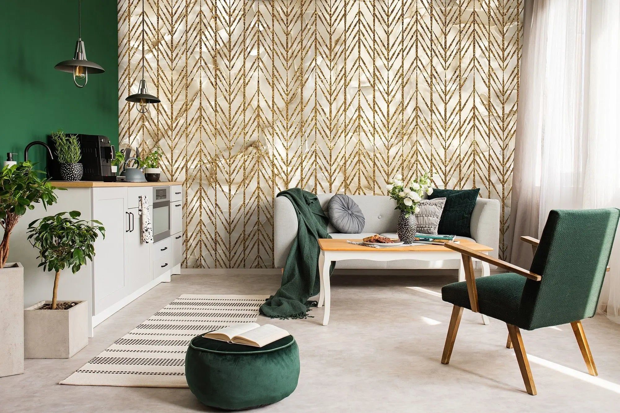 Billede 2 af Fototapet - Guldmønster med lodrette pile på hvid baggrund