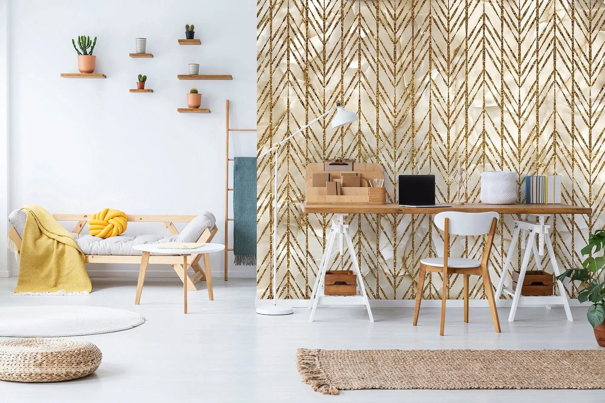 Billede 3 af Fototapet - Guldmønster med lodrette pile på hvid baggrund