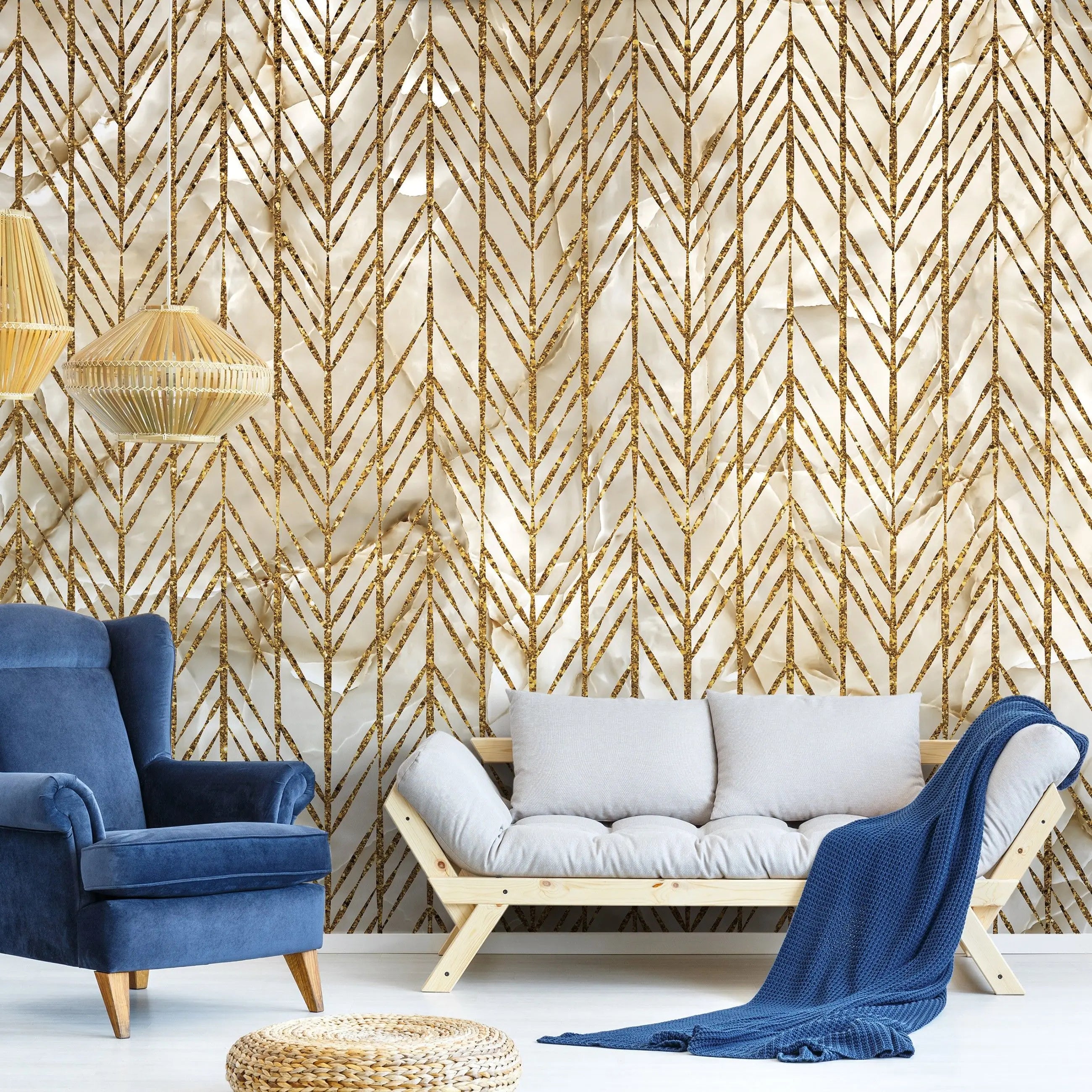 Billede 7 af Fototapet - Guldmønster med lodrette pile på hvid baggrund