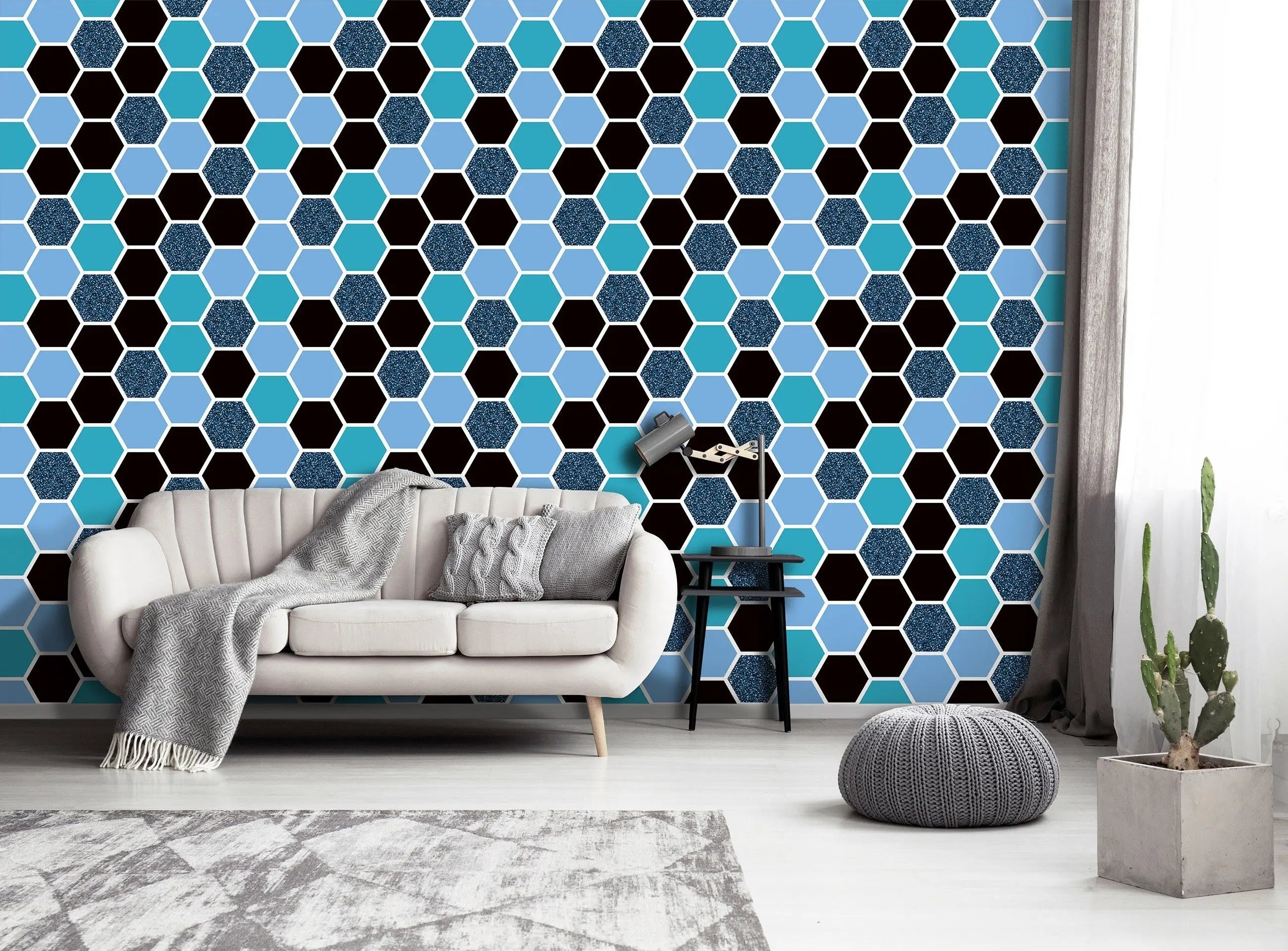 Billede 12 af Fototapet - Hexagonmønster i lyseblå, mørkeblå og sort
