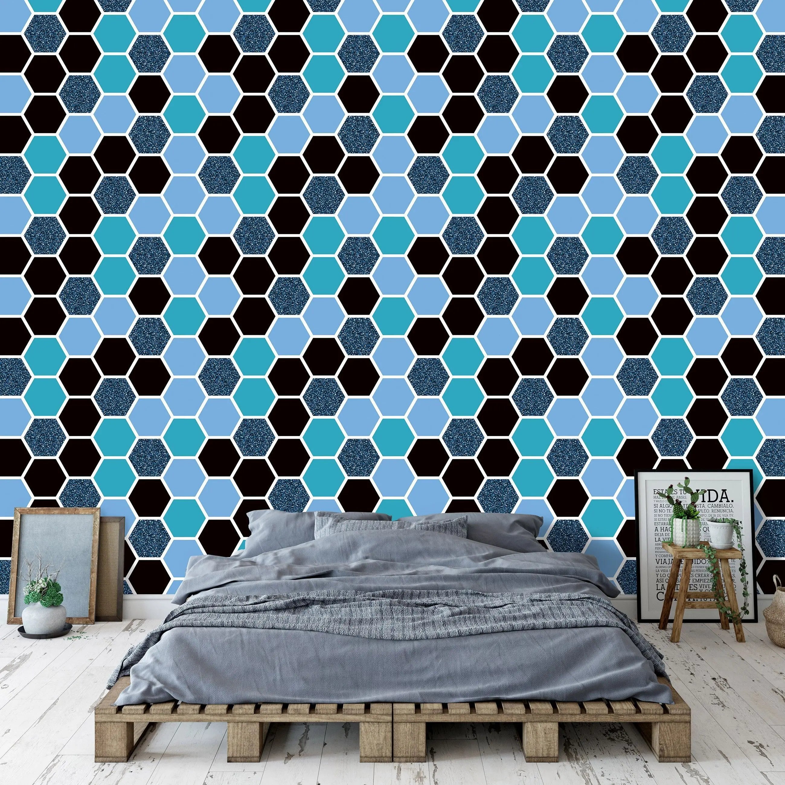 Billede 14 af Fototapet - Hexagonmønster i lyseblå, mørkeblå og sort