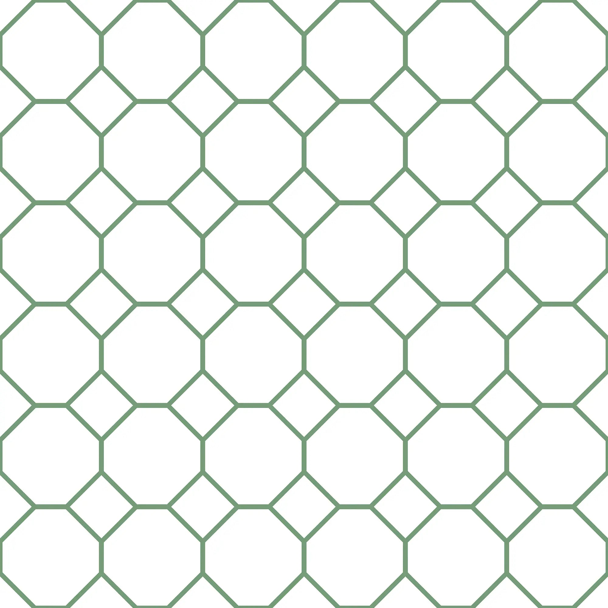 Et billede af tapetet Honeycomb - Spruce med et geometrisk mønster i et bikubedesign med grønne linjer på en hvid baggrund.