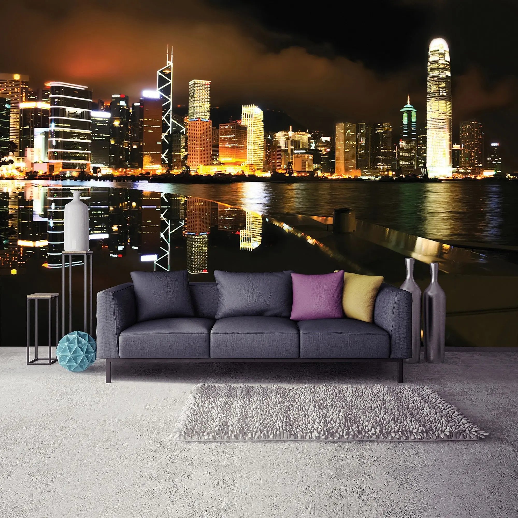 Billede 10 af Fototapet - Hongkong Skyskrabere med Nattelys Refleksion i Vand