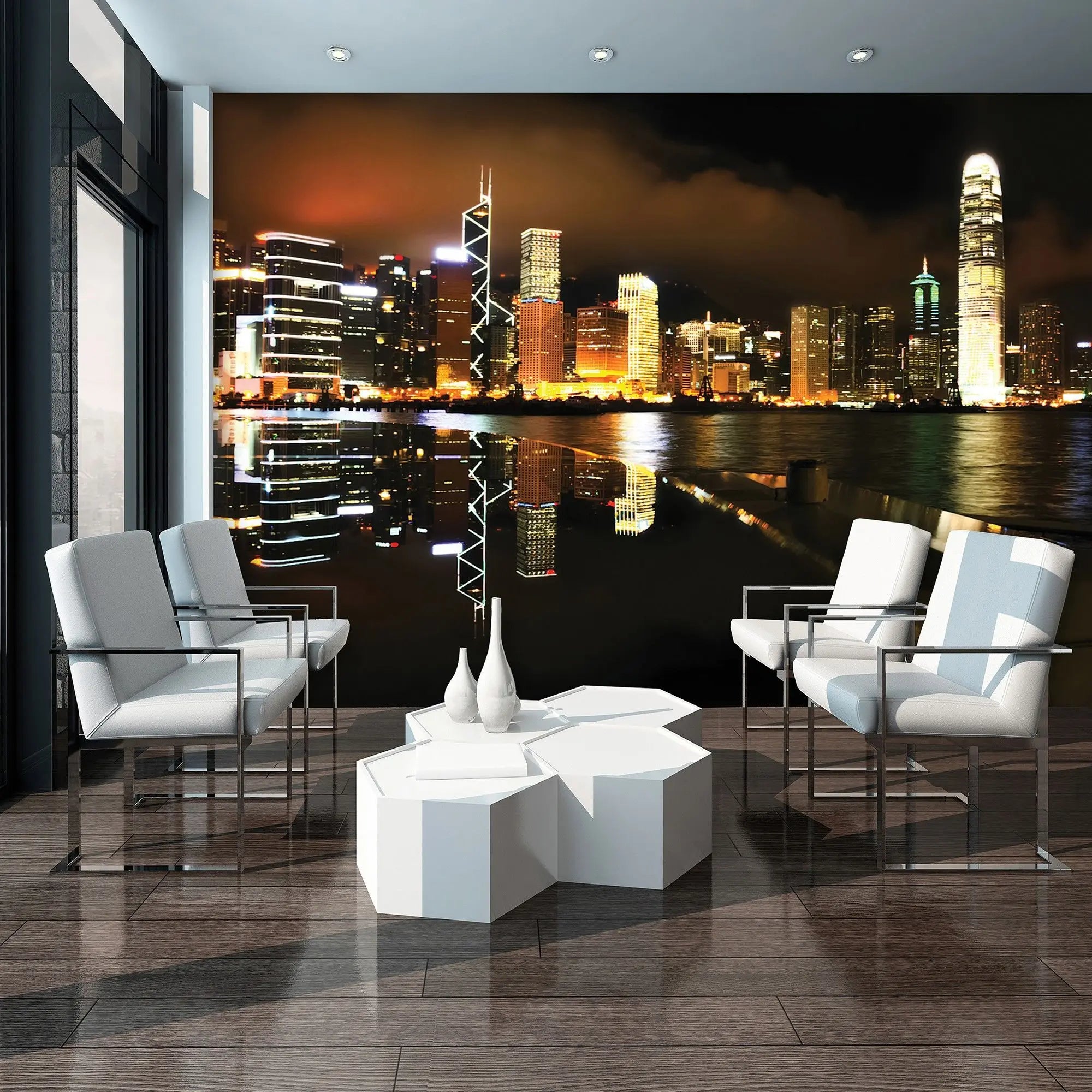 Billede 3 af Fototapet - Hongkong Skyskrabere med Nattelys Refleksion i Vand