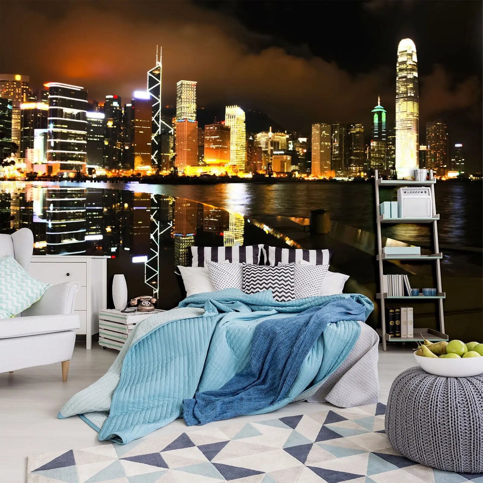 Billede 5 af Fototapet - Hongkong Skyskrabere med Nattelys Refleksion i Vand